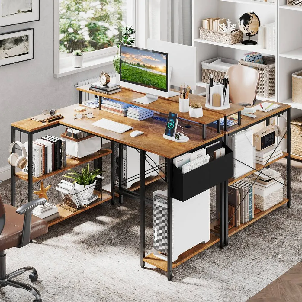 Costway L-Shaped Gaming Desk 120 cm Computer Desk with LED Lights in Brown 4