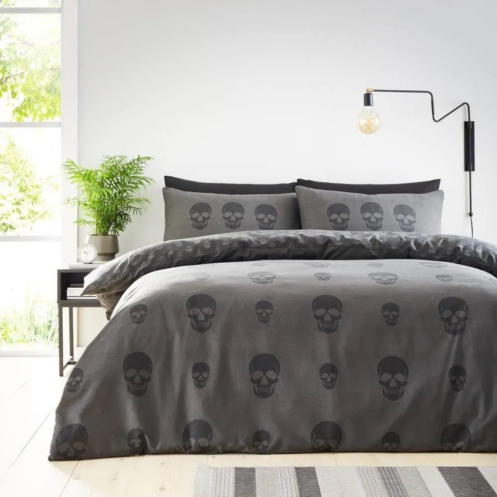 GAVENO CAVAILIA Skull Printed Duvet Cover in Charcoal