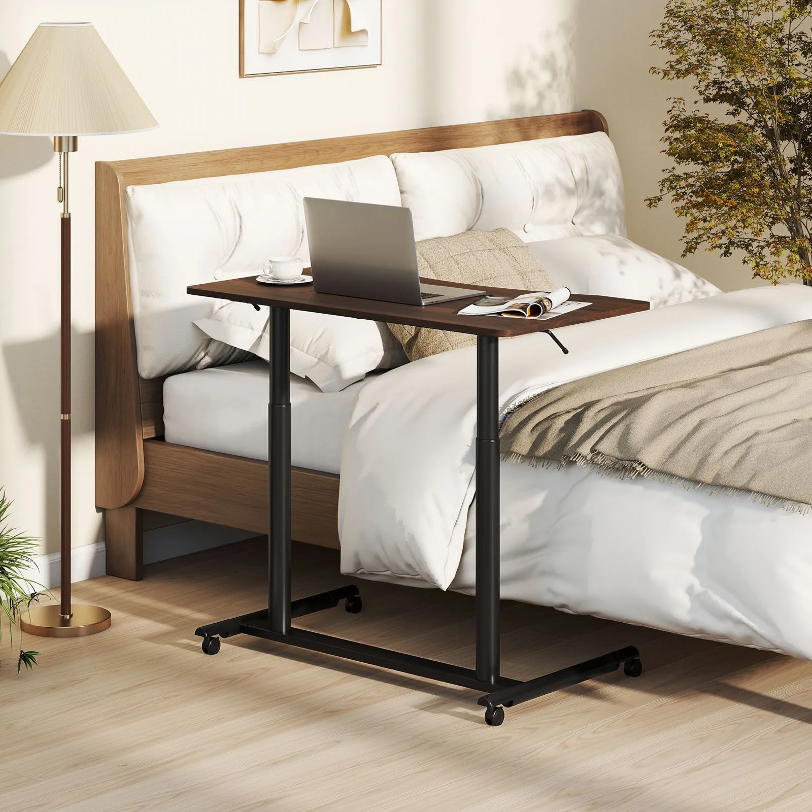 Costway Mobile Standing Desk C-Shaped Sit Stand Desk w/Adjustable Height in Brown 3