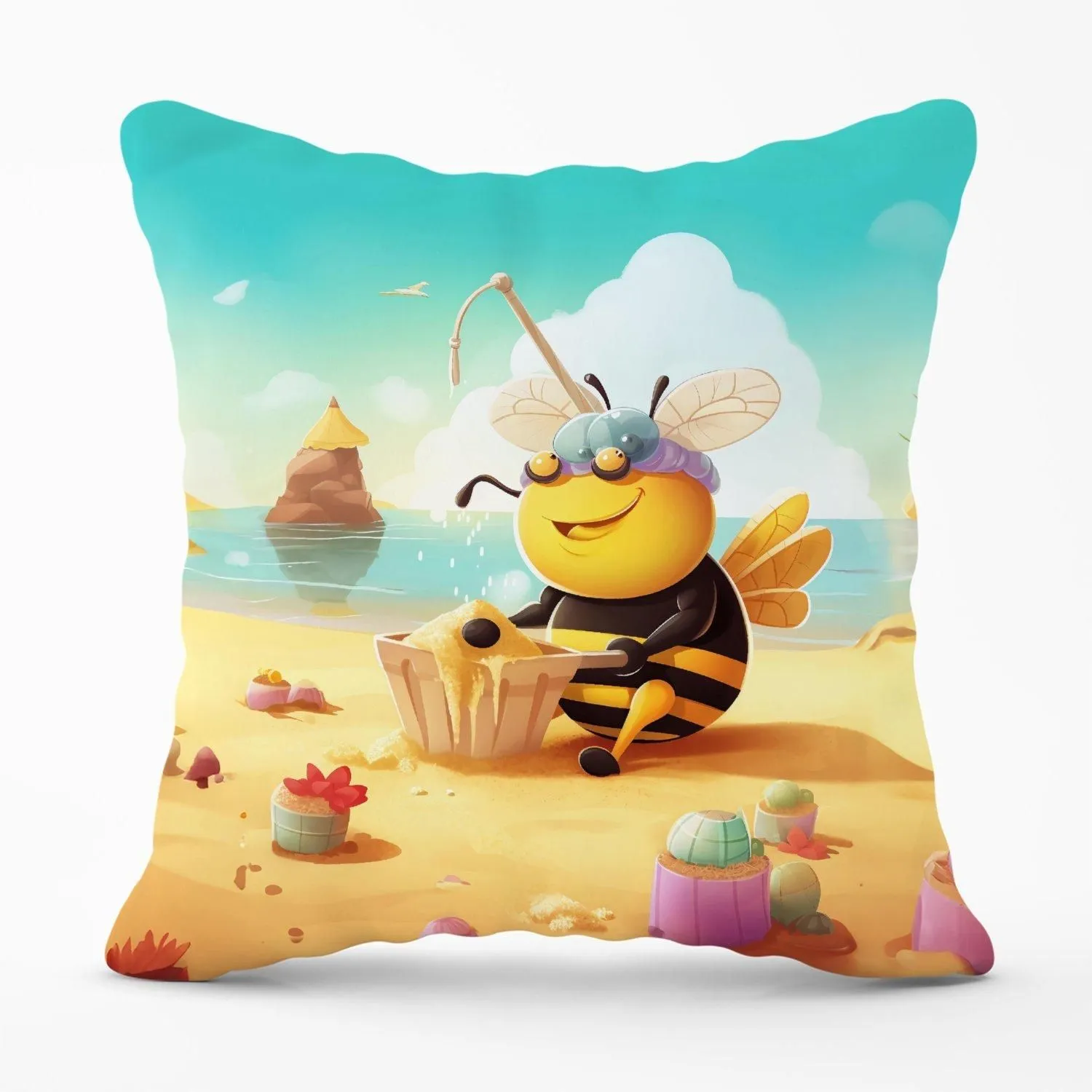 Warren Reed - Designer Bumblebee On A Beach Holiday Outdoor Cushion in Yellow