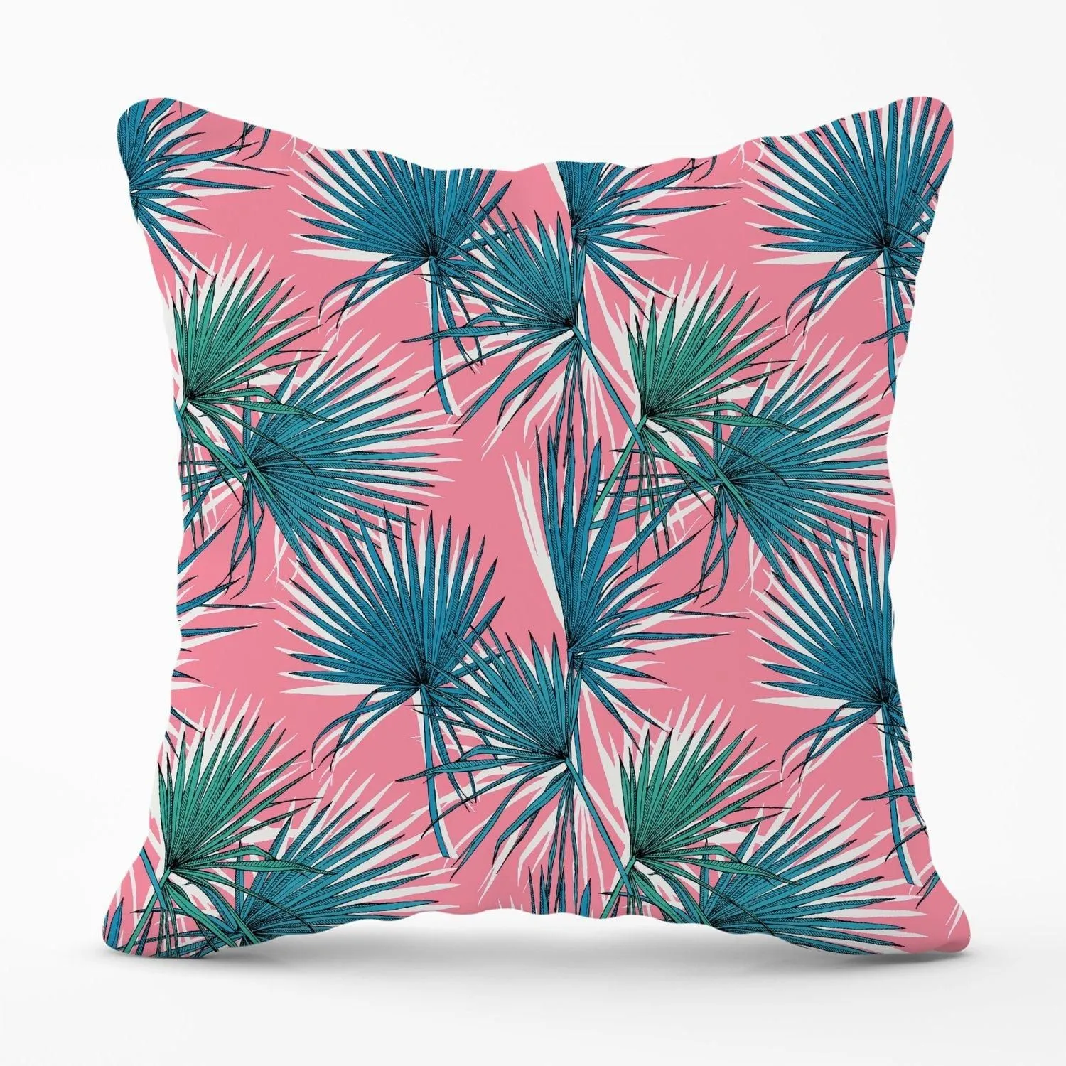 Warren Reed - Designer Pink Green Fan Palms Outdoor Cushion
