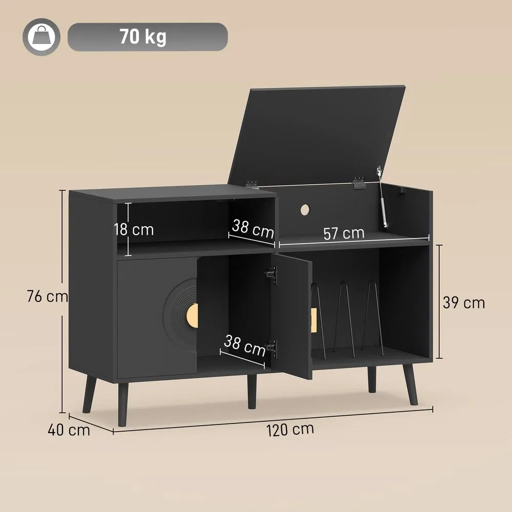 HOMCOM Record Player Stand Holds Up to 300 Albums with Cable Hole in Black 3