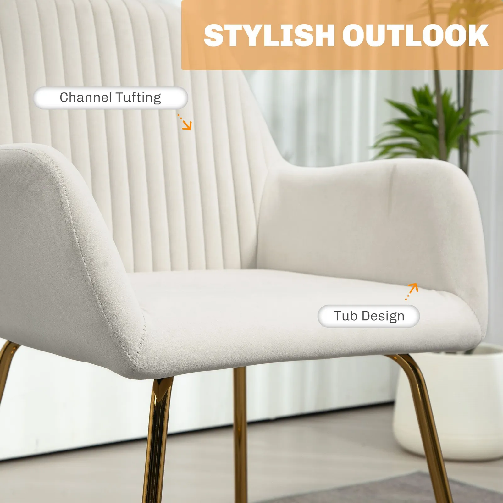 HOMCOM Modern Accent Chair Velvet-Touch Upholstered Armchair Cream White 4