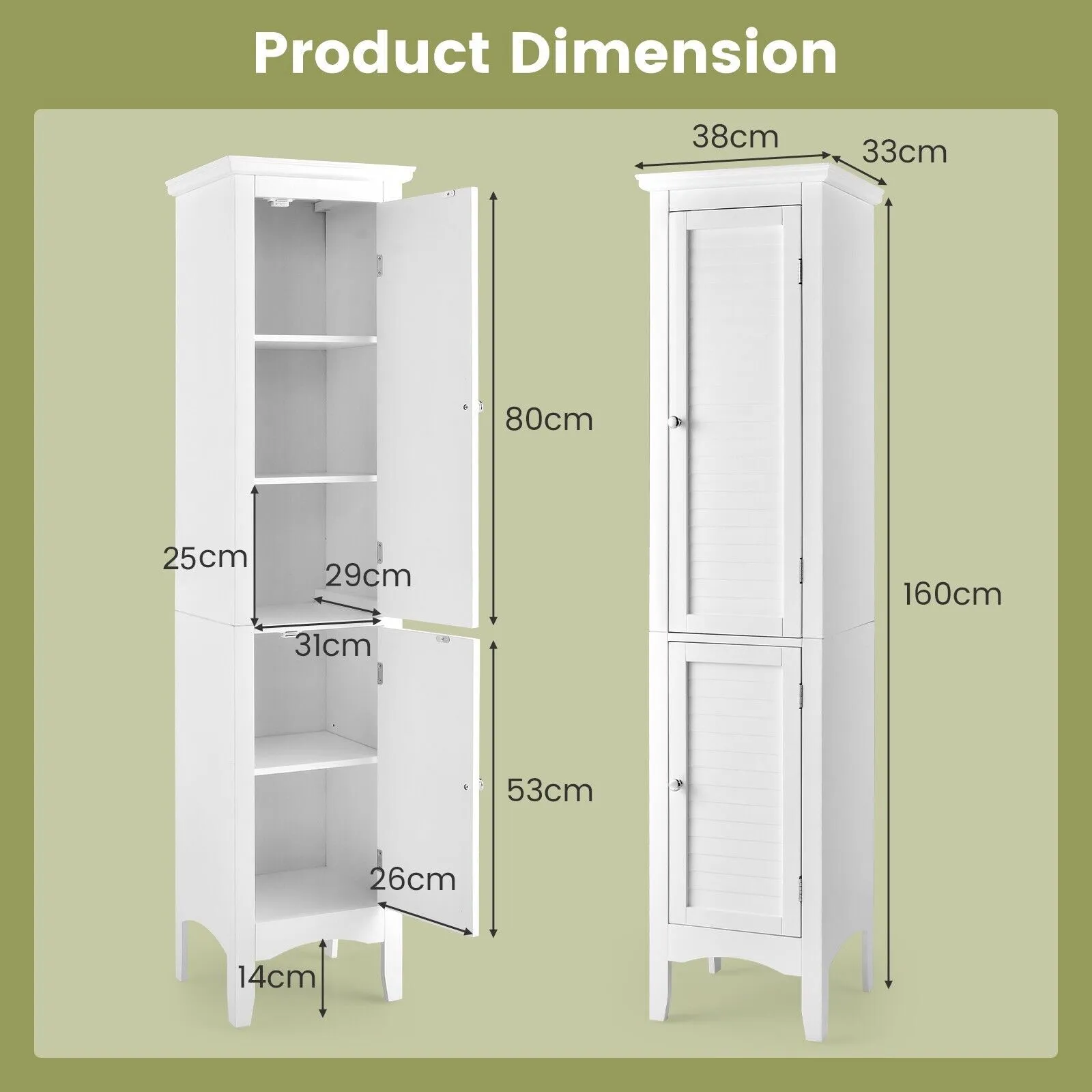 Costway 5-Tier Bathroom Tall Cabinet Slim Freestanding Storage Organizer Cupboard 2 Door in White 2