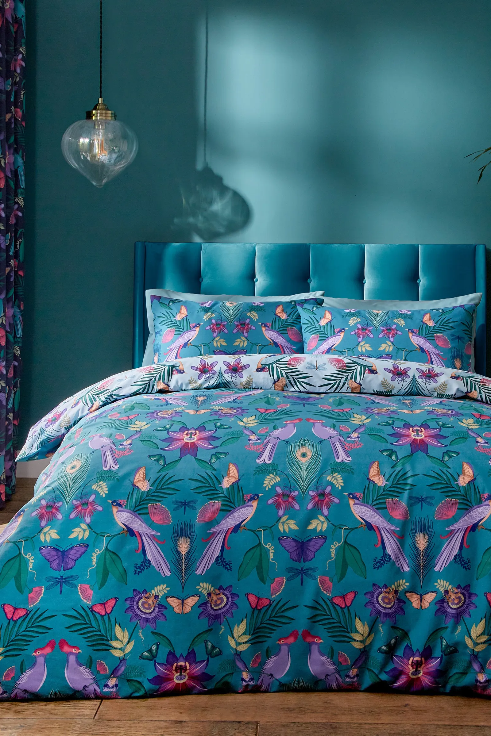 Catherine Lansfield 'Mya Tropical Floral' Reversible Duvet Cover Set in Duck Egg Blue 2