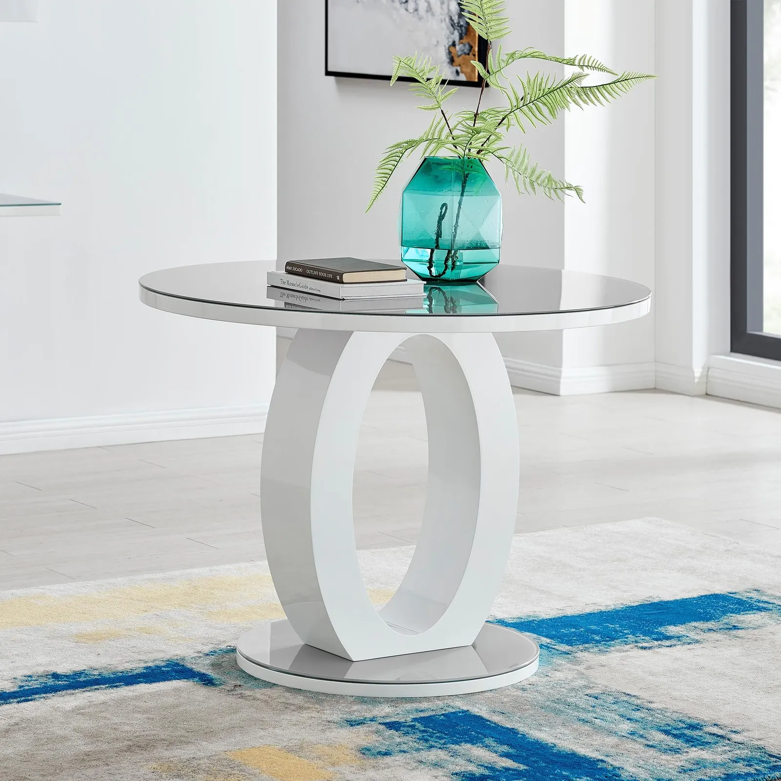 FurnitureboxUK Giovani 100cm 4-Seater Round High Gloss & Glass Dining Table in Grey