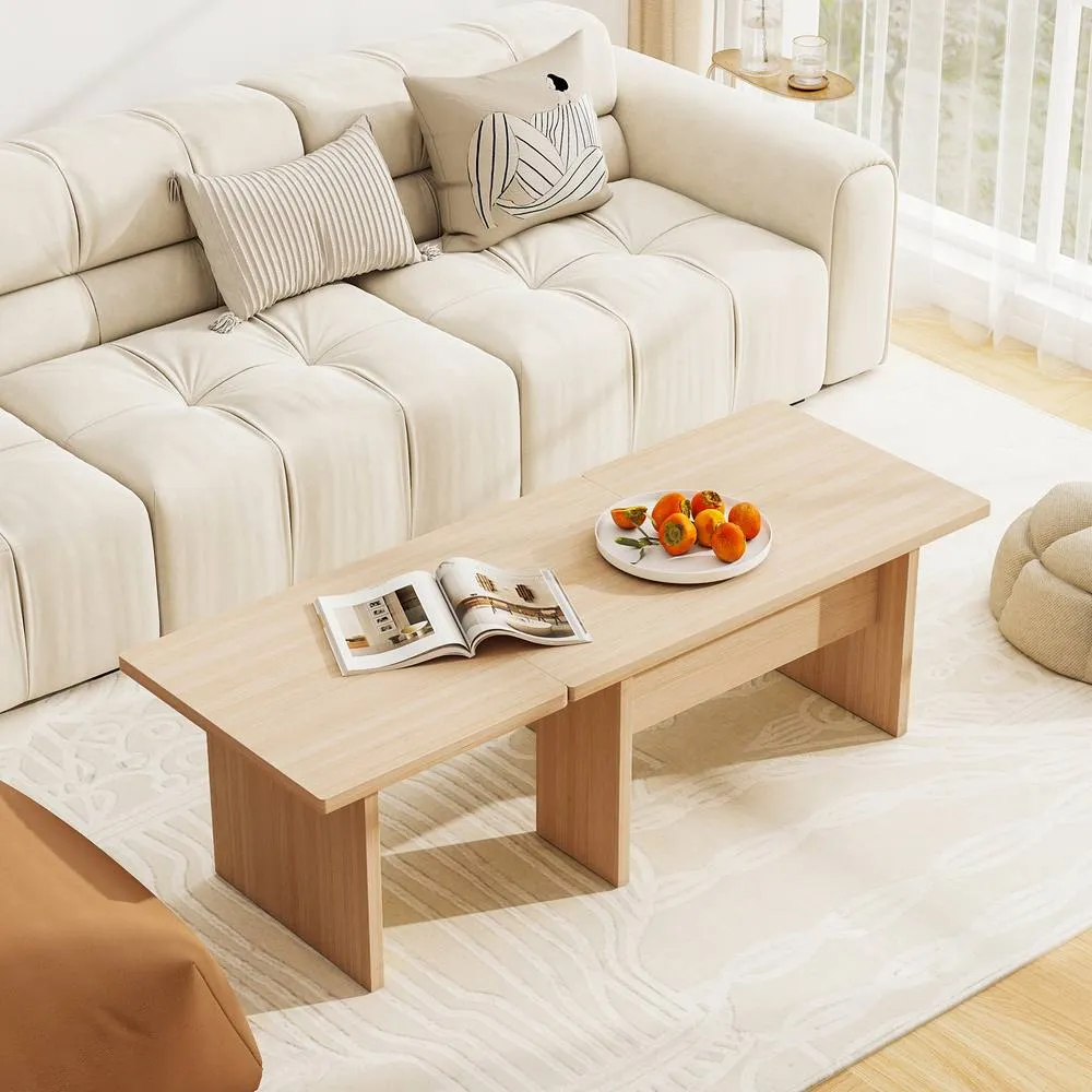 Costway 2PCS Modular Coffee Table Shaped Center Tables Wooden Side Table in Light Oak 4