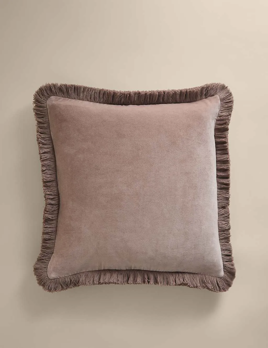 M&S Pure Cotton Velvet Fringed Cushion Putty