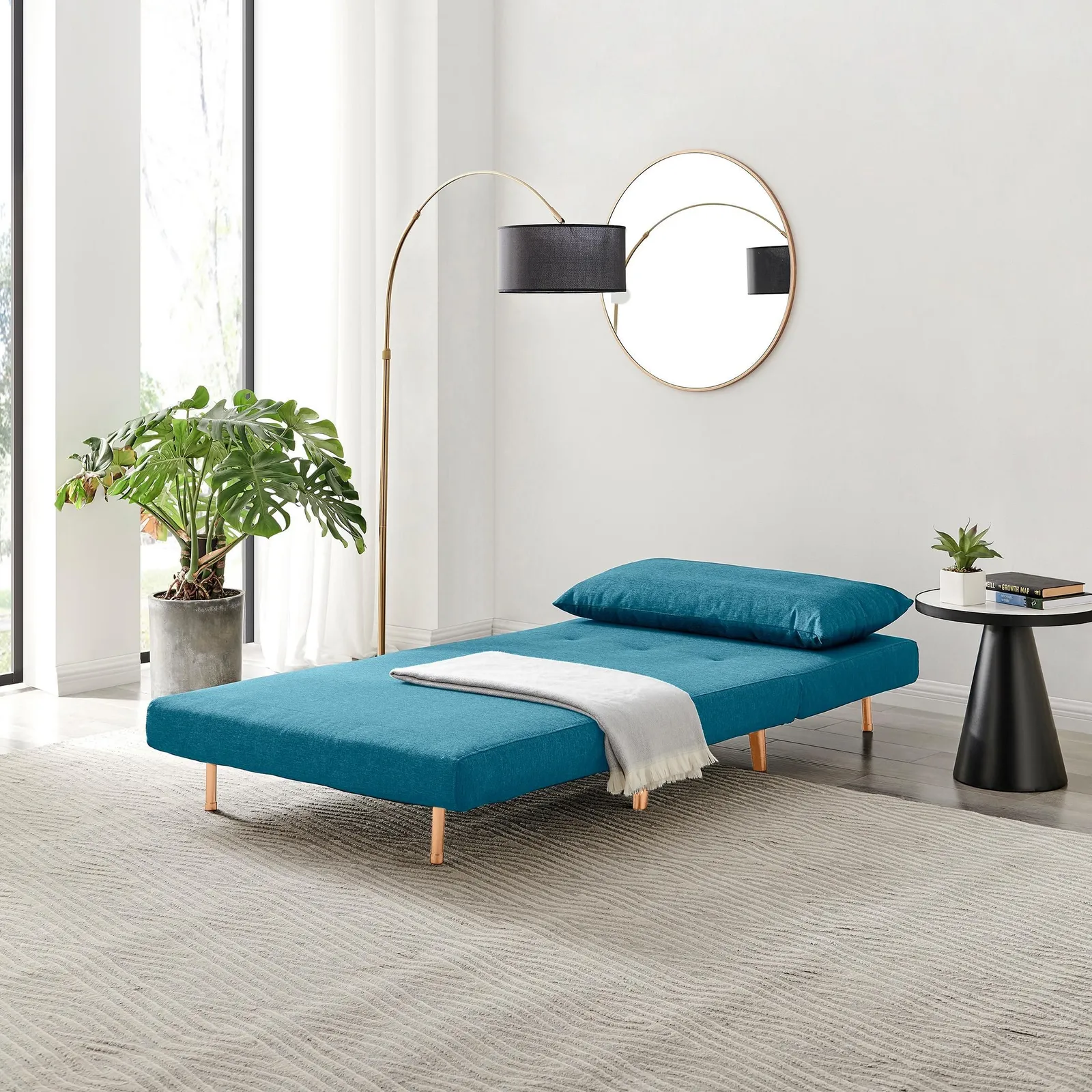 FurnitureboxUK Bobby Compact Futon Inspired Sofa Bed Upholstered In Soft Fabric in Blue 3