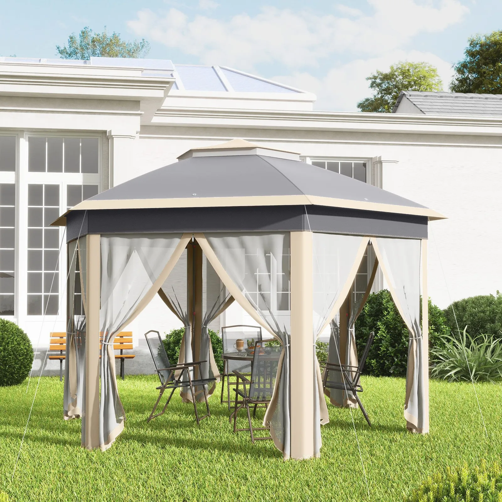 OUTSUNNY 3x4m Hexagon Gazebo w/ Metal Frame Mesh Curtains Outdoor Garden in Khaki
