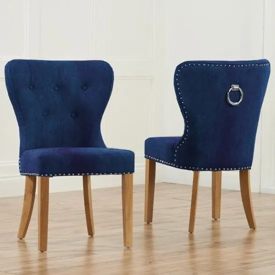 Chastank Blue Plush Studded Dining Chair In Pair