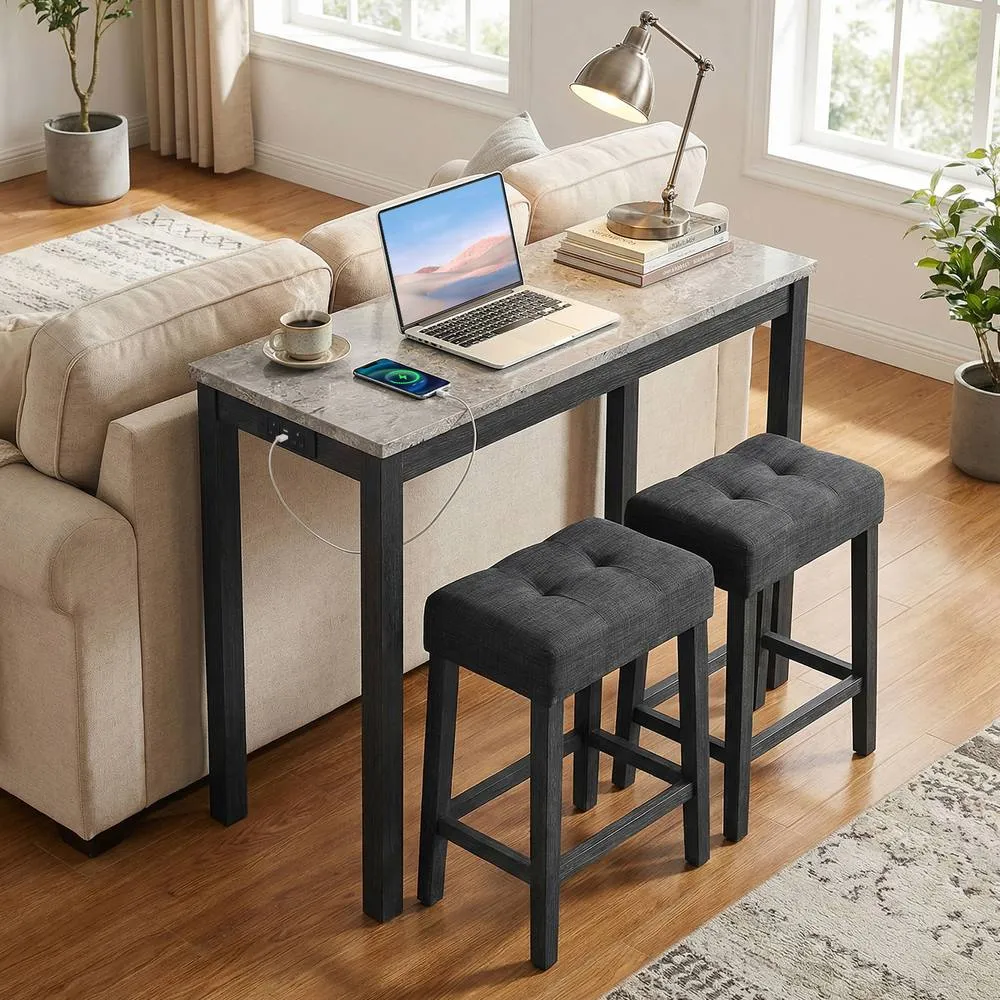 Costway Set of 3 Faux Marble Bar Table Set w/Charging Station&2 Padded Stools in Grey 3