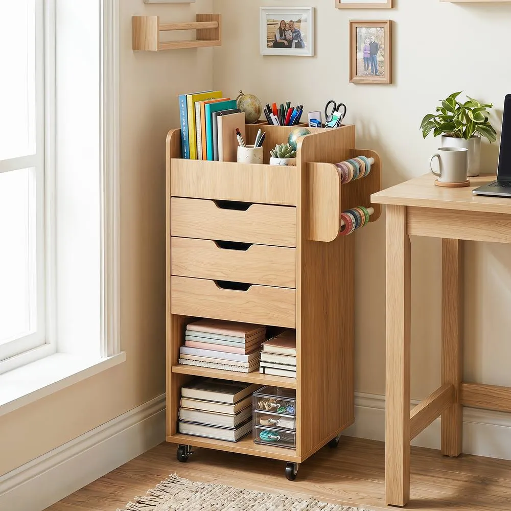Costway Rolling Storage Cart Mobile Storage Cabinet with 3 Drawers in Natural 4