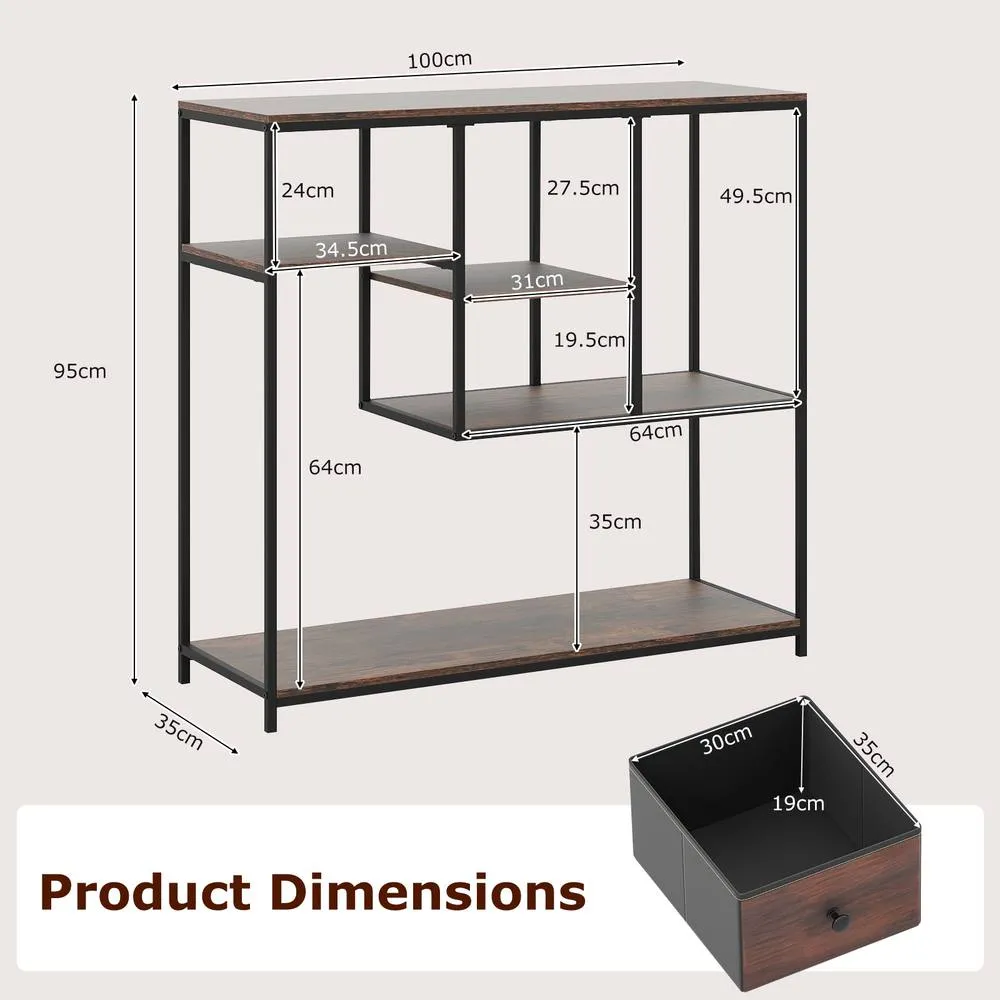 Costway 100CM Console Table Entryway Table with Drawer & 4-Tier Display Shelf in Brown 2