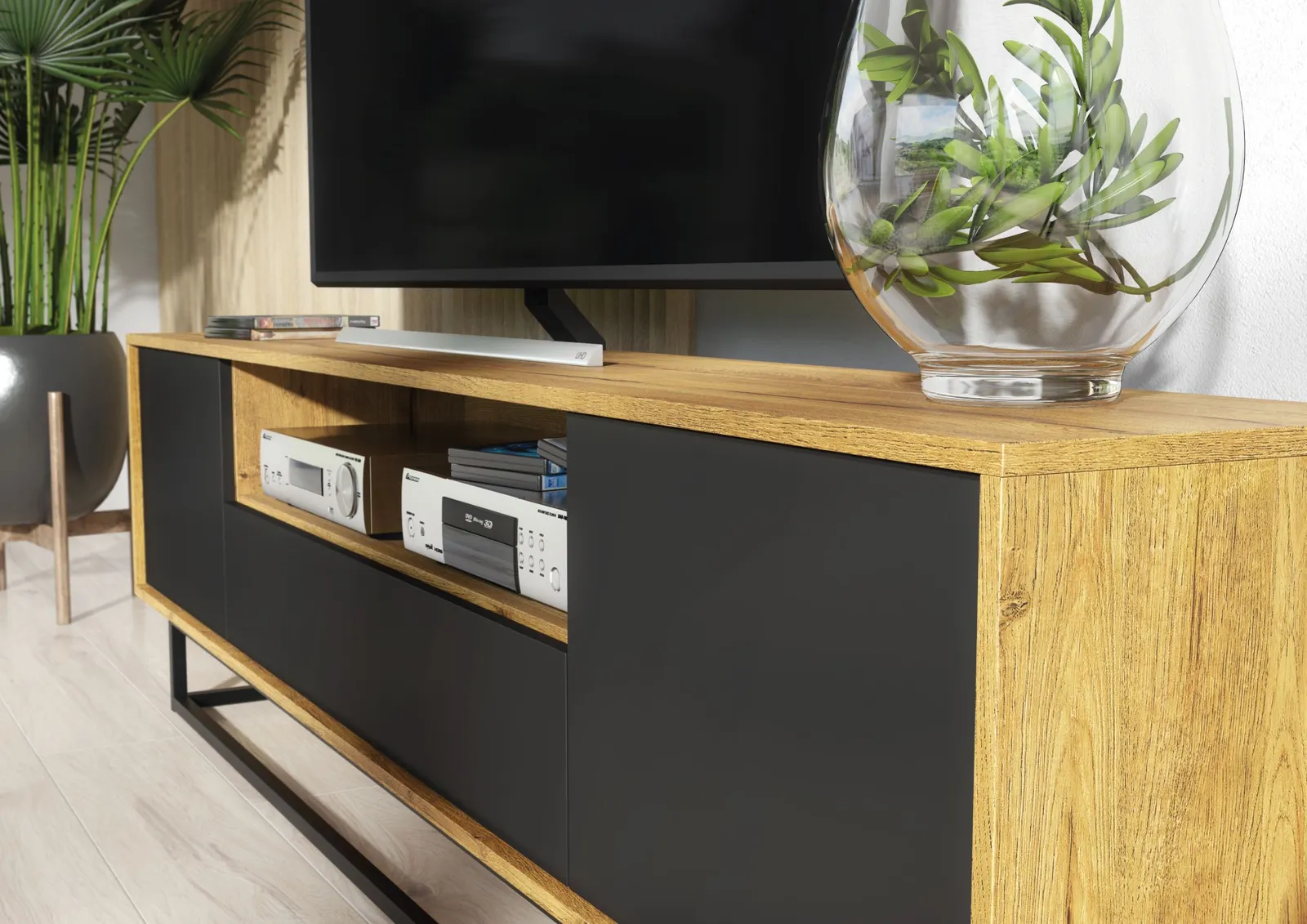 Creative Furniture Rift Loft TV Unit 200cm - Industrial-Style Storage with Rustic, Oak & Black Matt Doors 5