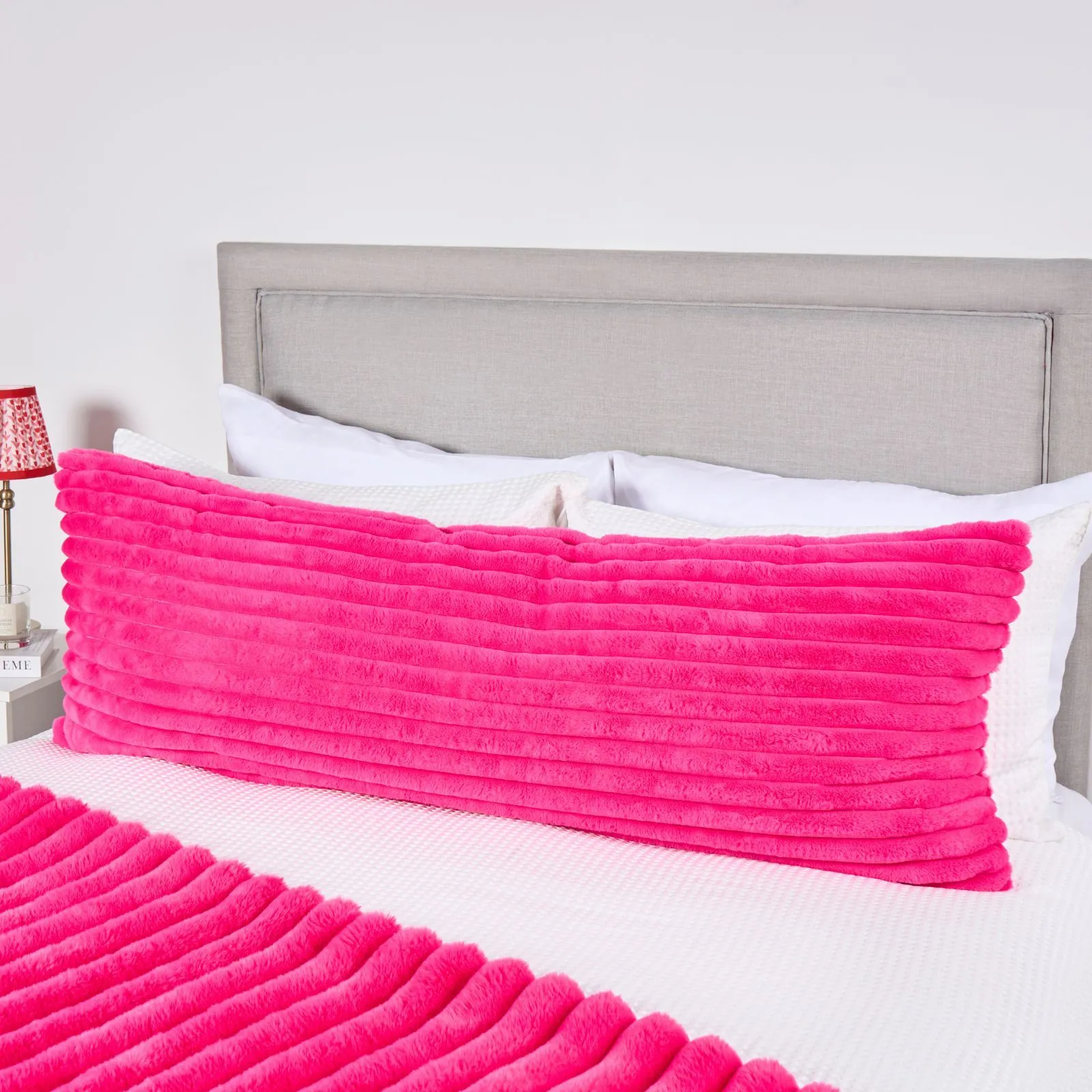 OHS Ribbed Faux Fur Bolster Pillow Soft Maternity Support Cushion in Pink