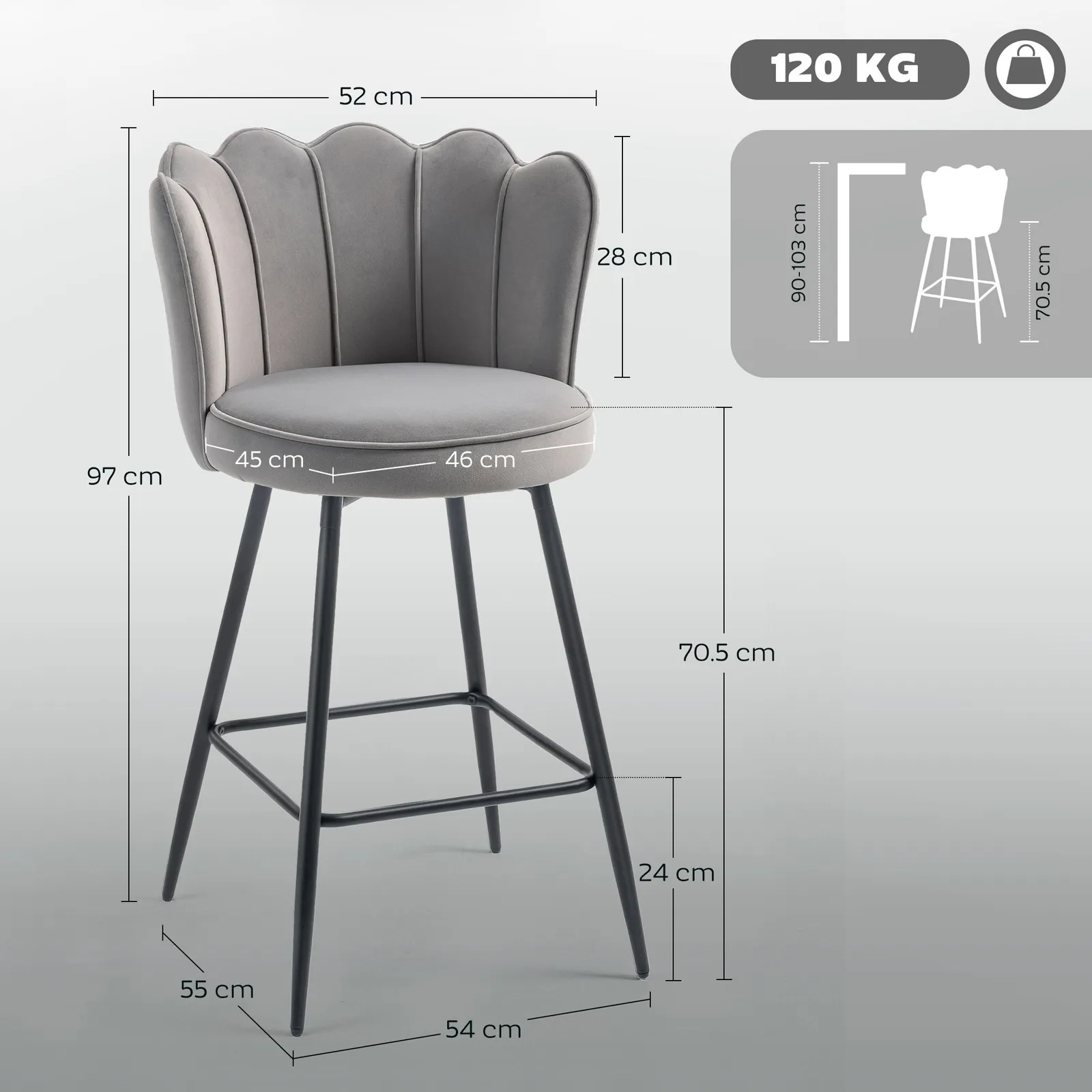 HOMCOM Set of 2 Barstools with Petal Backrest for Kitchen Island in Grey 3