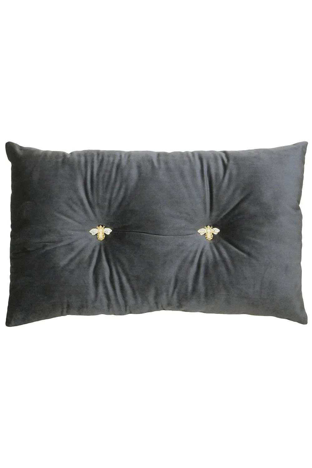 Paoletti Bumble Bee Embroidered Buttoned Velvet Ready Filled Cushion in Charcoal 1