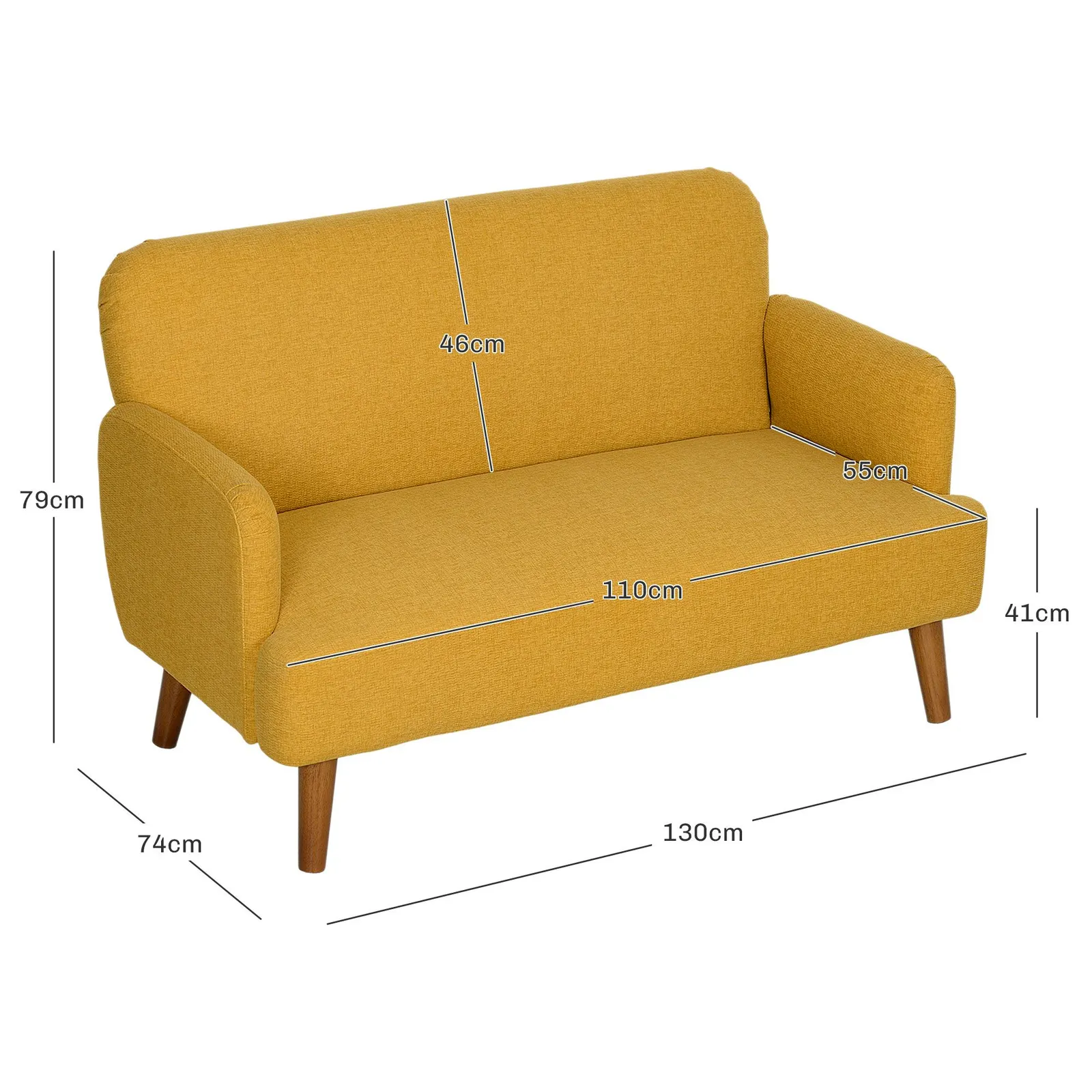 HOMCOM 2 Seater Sofa with 21cm Thick Padding & Wood Legs in Yellow 3