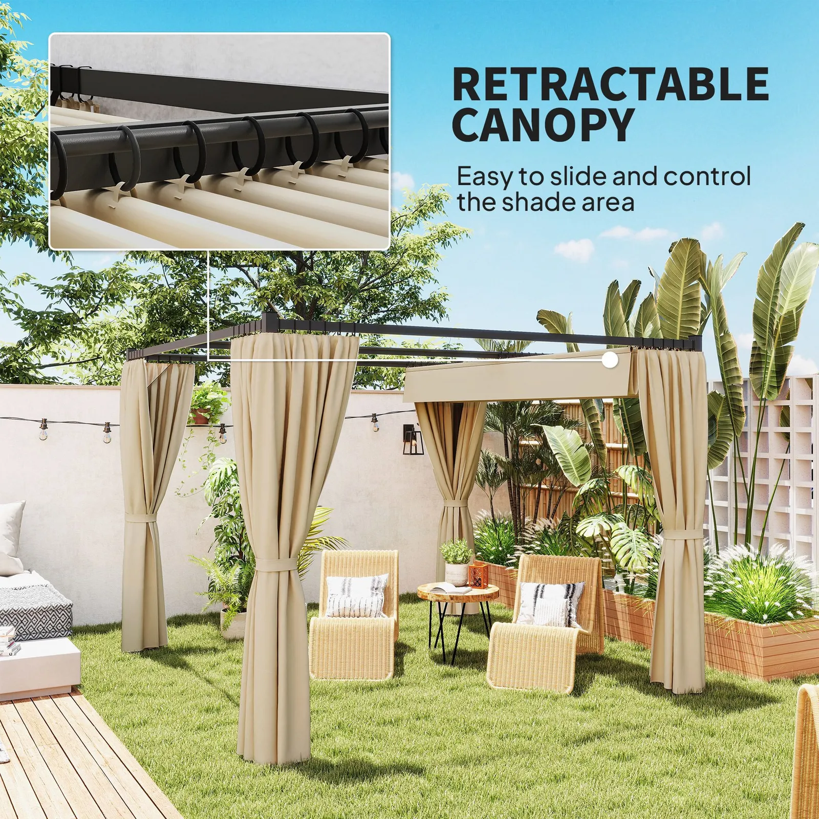 OUTSUNNY 3 x 3(m) Pergola with Retractable Roof & Curtains in Beige 4