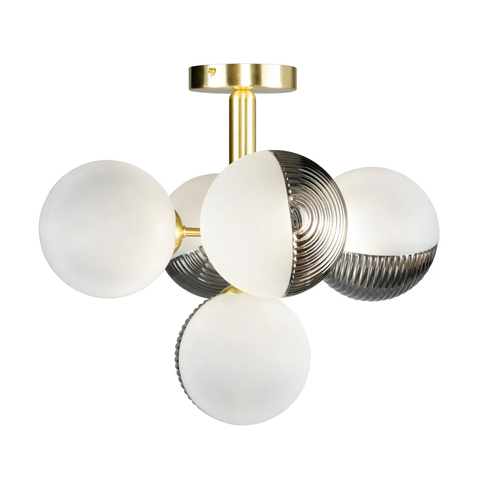 Emile Semi Flush Ceiling Light with Smoked and Opal Glass Shades, Satin Brass