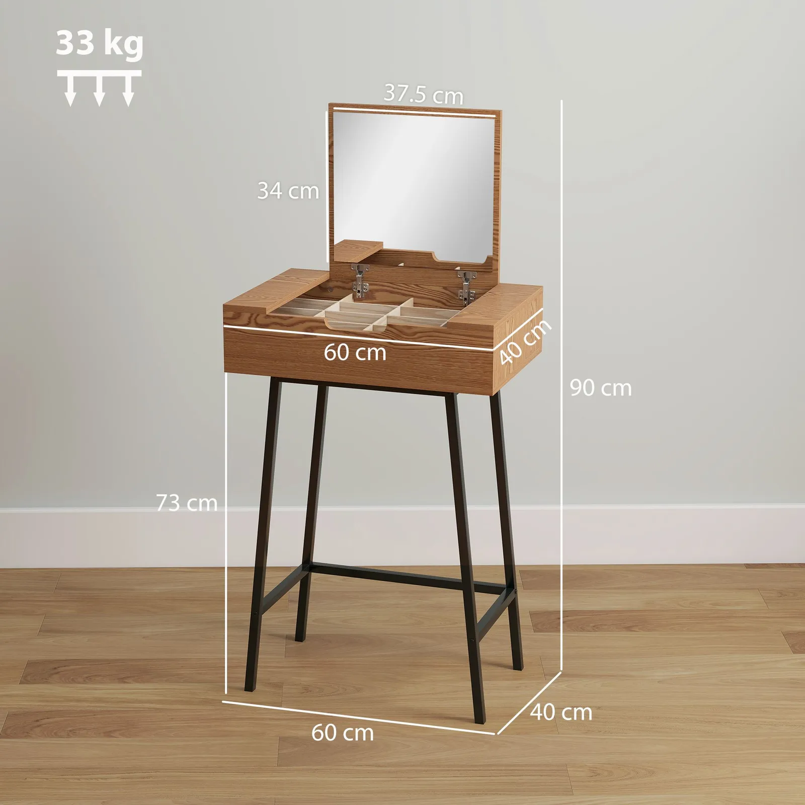 HOMCOM Industrial Vanity Desk with Mirror & Steel Legs Natural Wood Effect 3