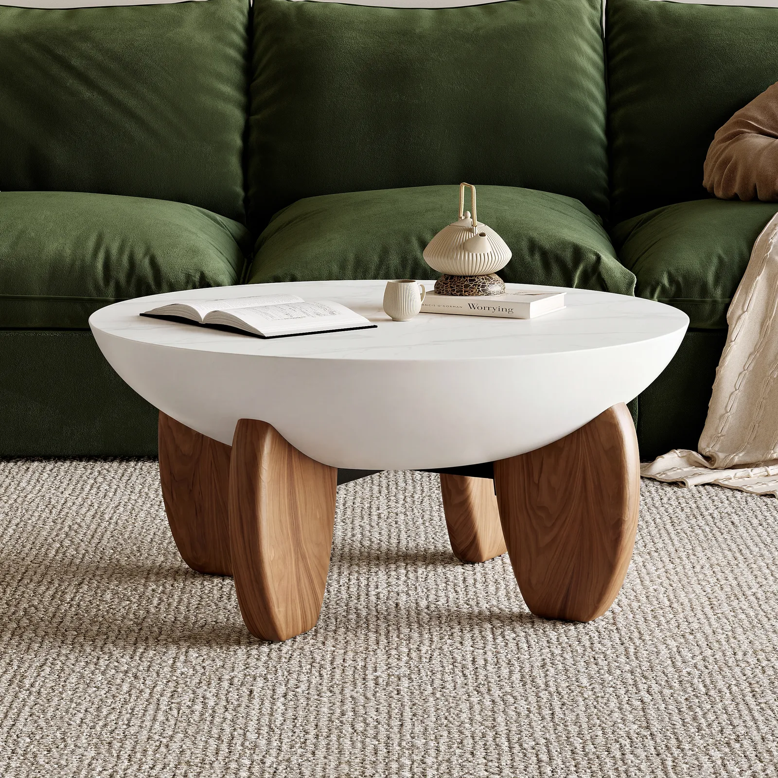 Curva 75 cm Round Concrete Walnut Coffee Table with Wood Legs
