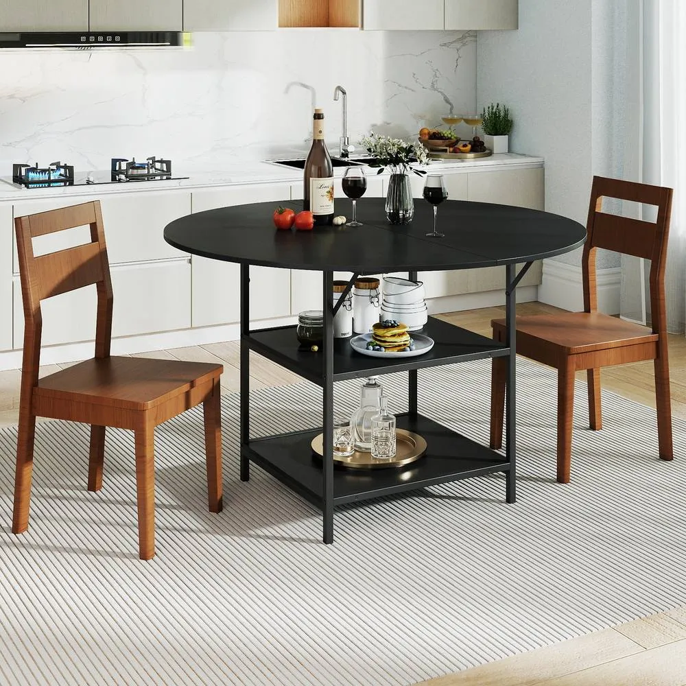 Costway 120 CM Round Dining Table Modern Kitchen Table w/ 2 Storage Shelf in Black 3