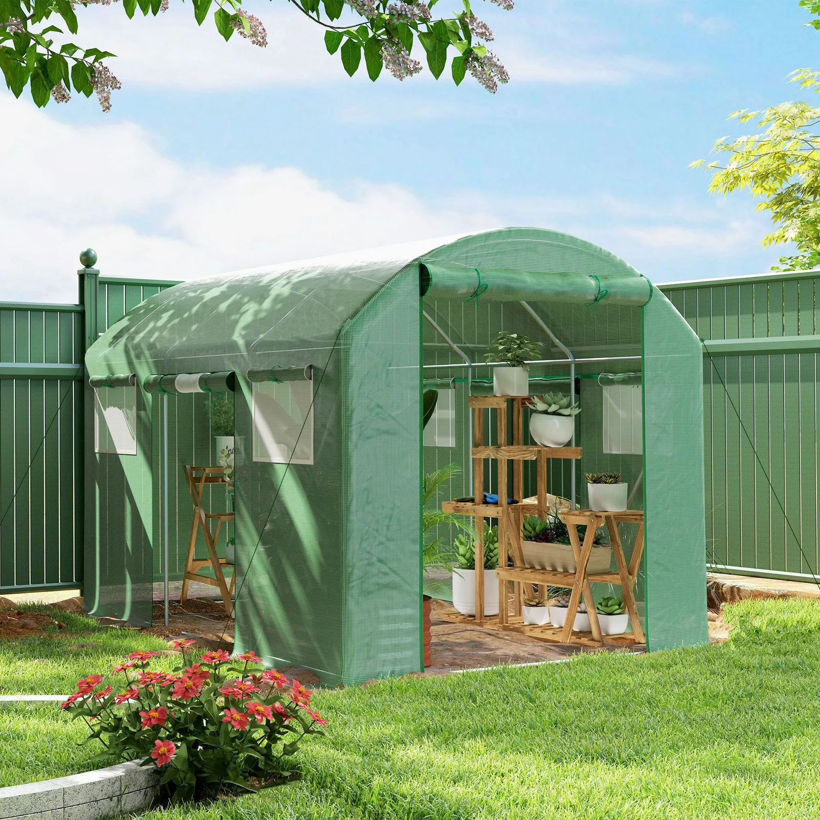 OUTSUNNY Polytunnel Greenhouse with 3 Roll-up Doors, 3 x 2 x 2m, Green