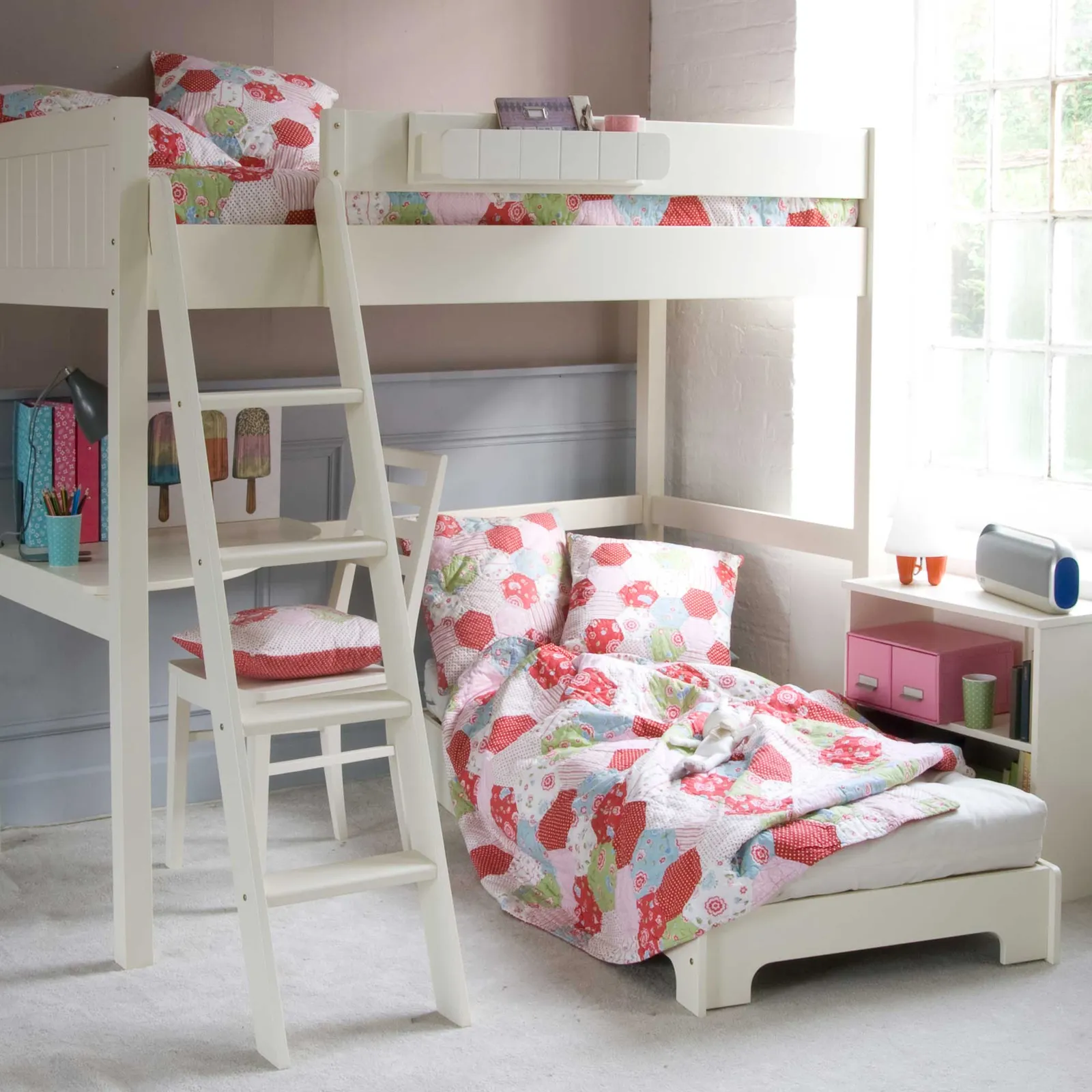 Pippin Childrens Highsleeper with Corner Desk, Futon And Storage Bookcase