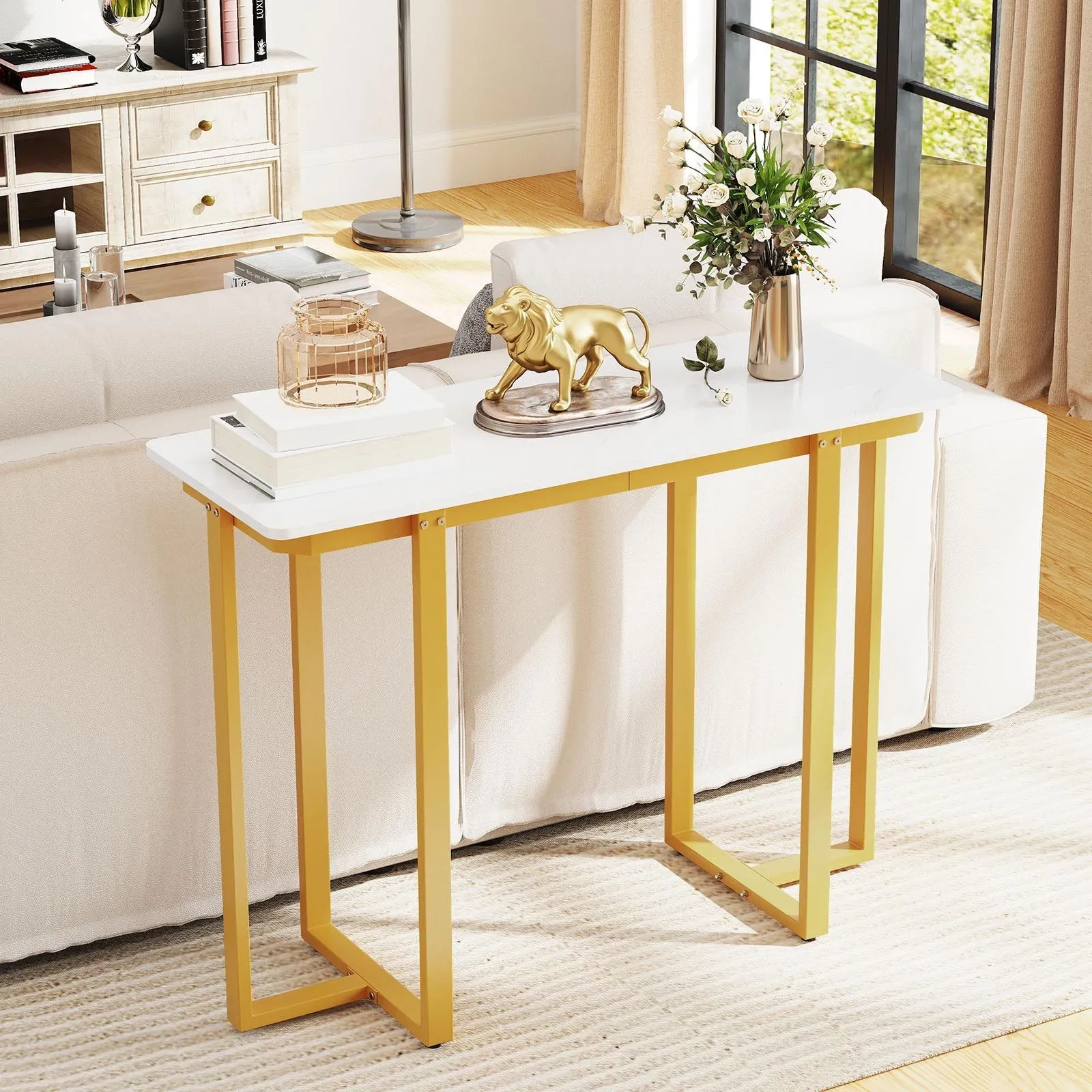 Costway Console Table Modern Faux Marble Entryway Table in White 6