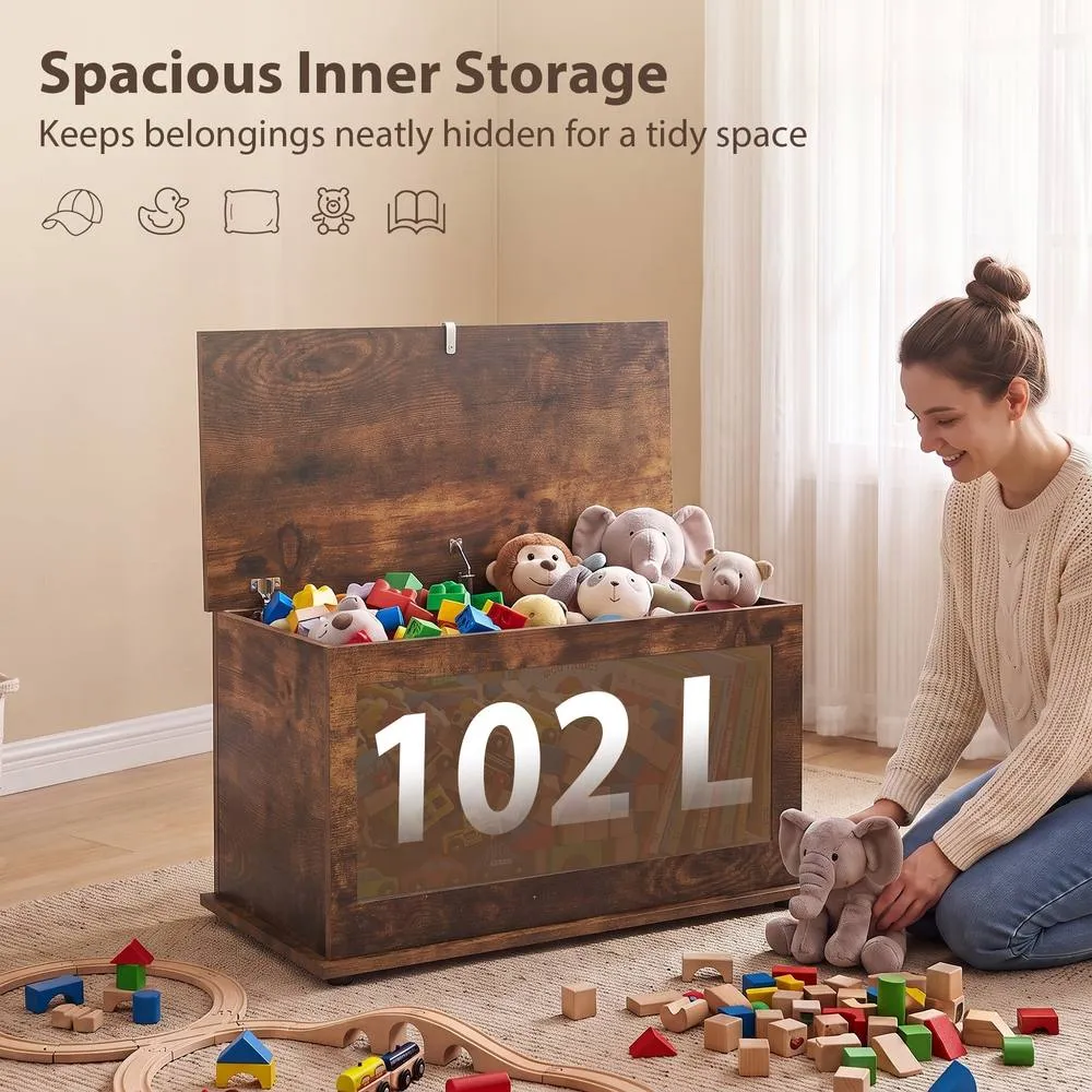HOMCOM Storage Chest with Safety Hinged Lid, 102L Storage Box, Rustic Brown 4