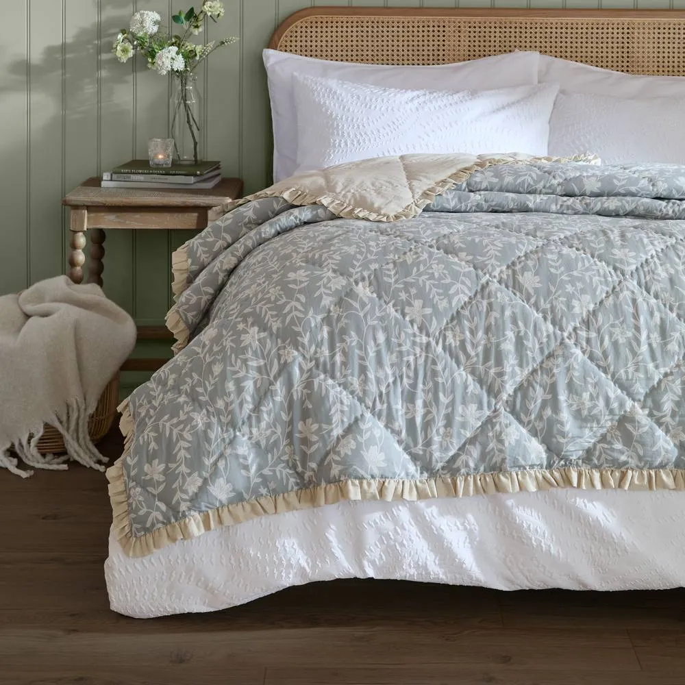 Wylder Amelia 100% Cotton Floral Quilted Bedspread in Pale Blue 1