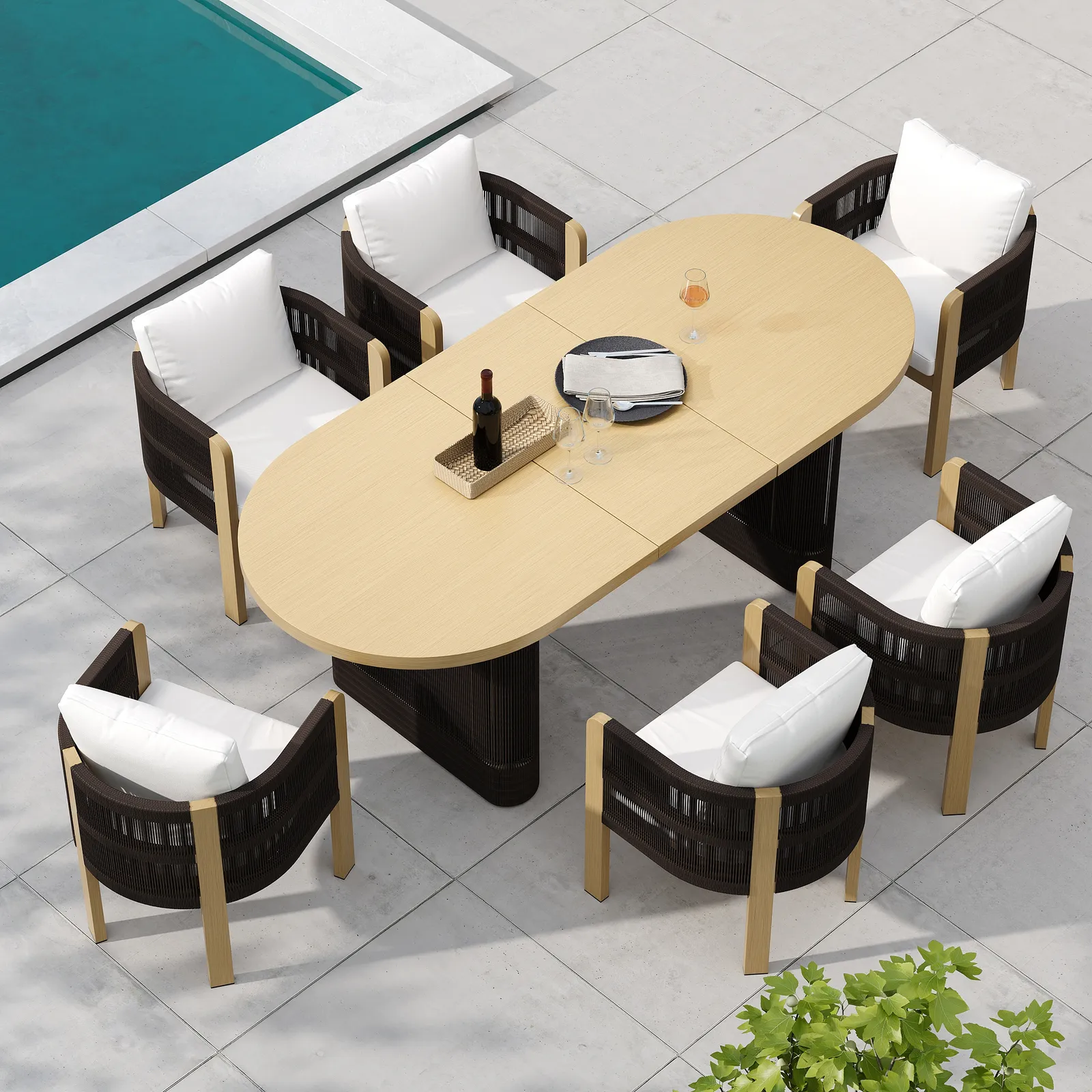 7 PCS Outdoor Extendable Dining Set, Farmhouse Style Extendable Outdoor & Yard Dining Table Set with 6 Woven Armchairs for 4 to 6 Person