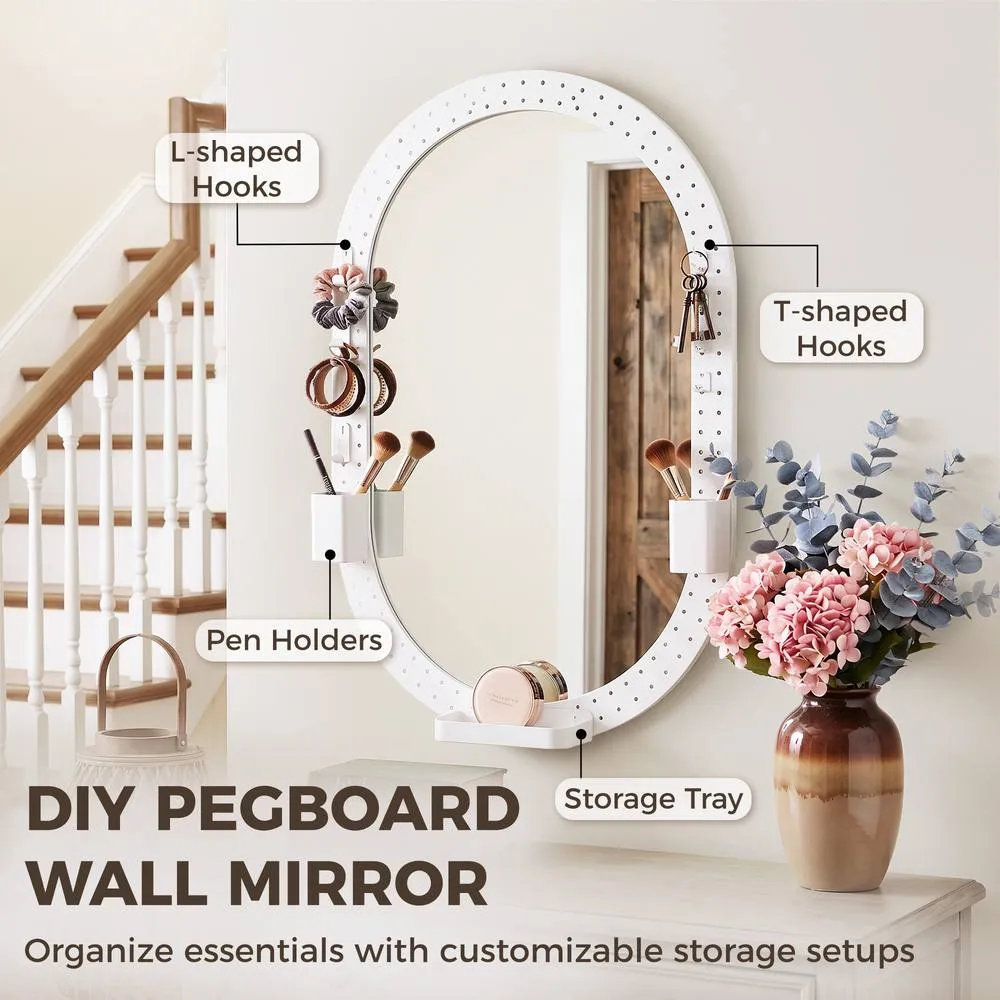 HOMCOM Oval Wall Mirror, 60 x 90 cm, Pegboard Frame, Wall-Mounted in White 4