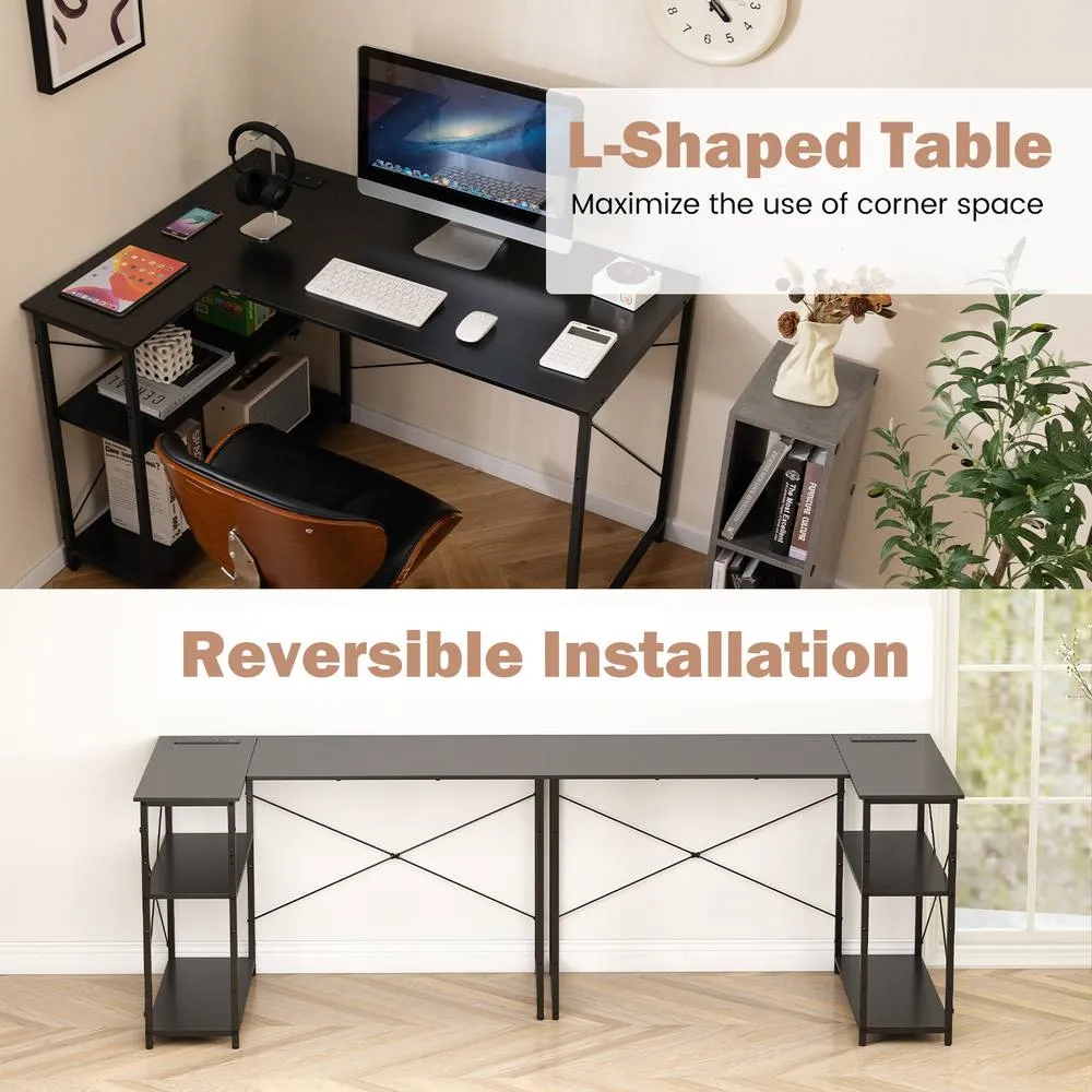 Costway L-shaped Computer Desk w/Power Outlet Workstation w/Reversible Shelves in Black 4
