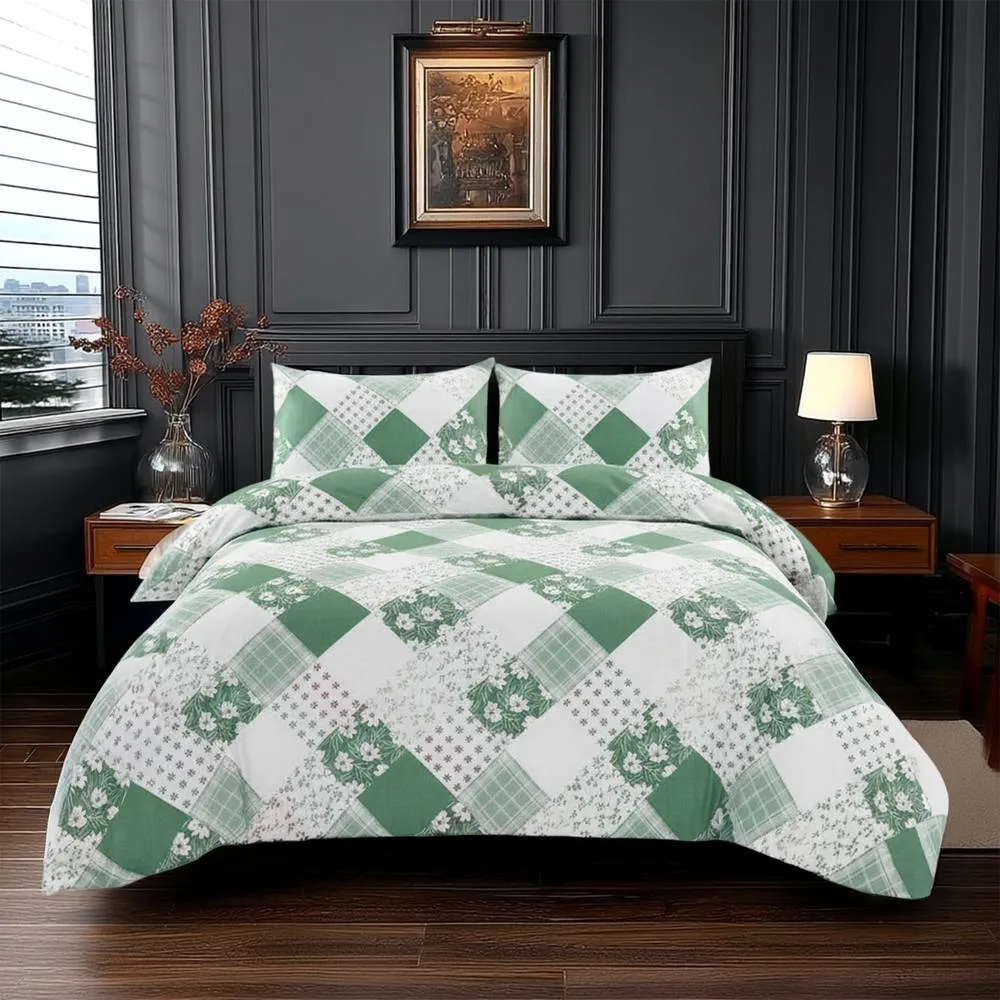 Snug City Duvet Cover Pillowcase Floral Patchwork Design Polycotton Bed Linen in Green