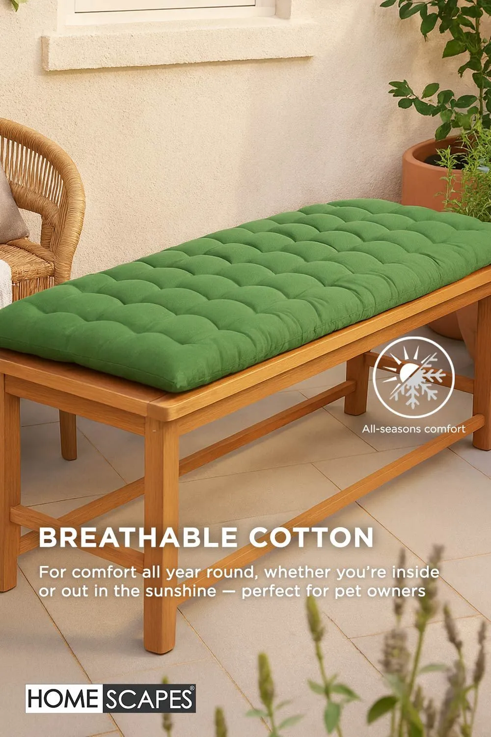 Homescapes Garden Bench Cushion Luxury 2 Seater Cotton Indoor Outdoor Pad, 108 x 42cm in Dark Olive 5