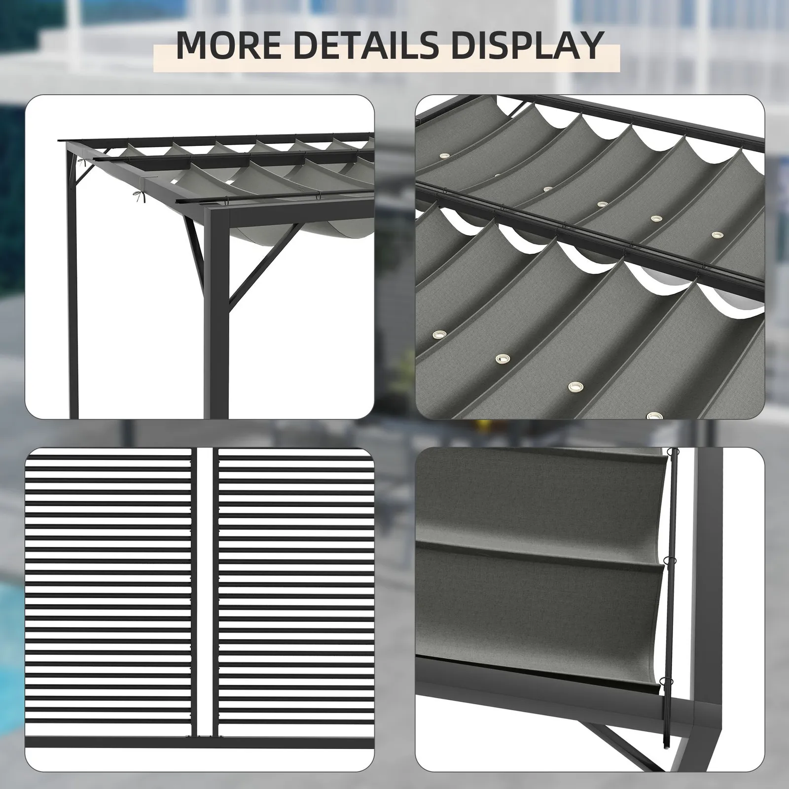 OUTSUNNY Metal Pergola Patio Sun Shelter Grape Tent Retractable Canopy UV Cut in Grey 5