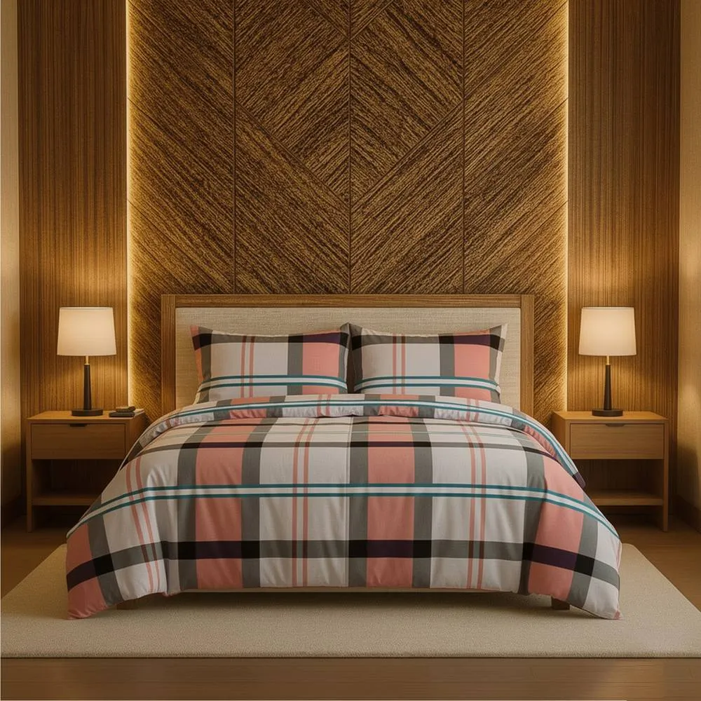 Snug City Duvet Cover & Pillowcase Set Tartan Check Design Polycotton Linen in Pink