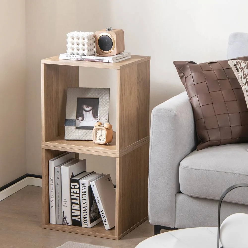 Costway 2 Pieces Decorative Cube Storage Organizers Wooden Vinyl Record Storage Cubes in Natural 3