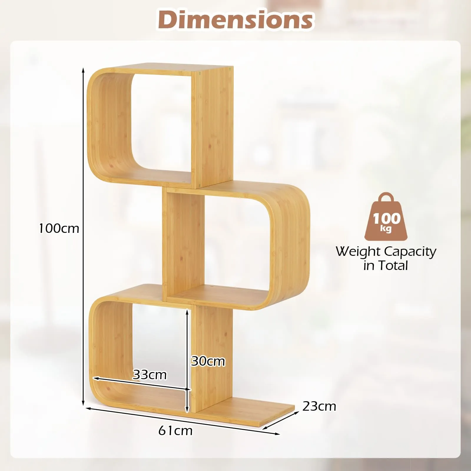 Costway 3-TierS-Shaped Bookcase, Bamboo Bookshelf w/3 Open Cubes in Natural 2