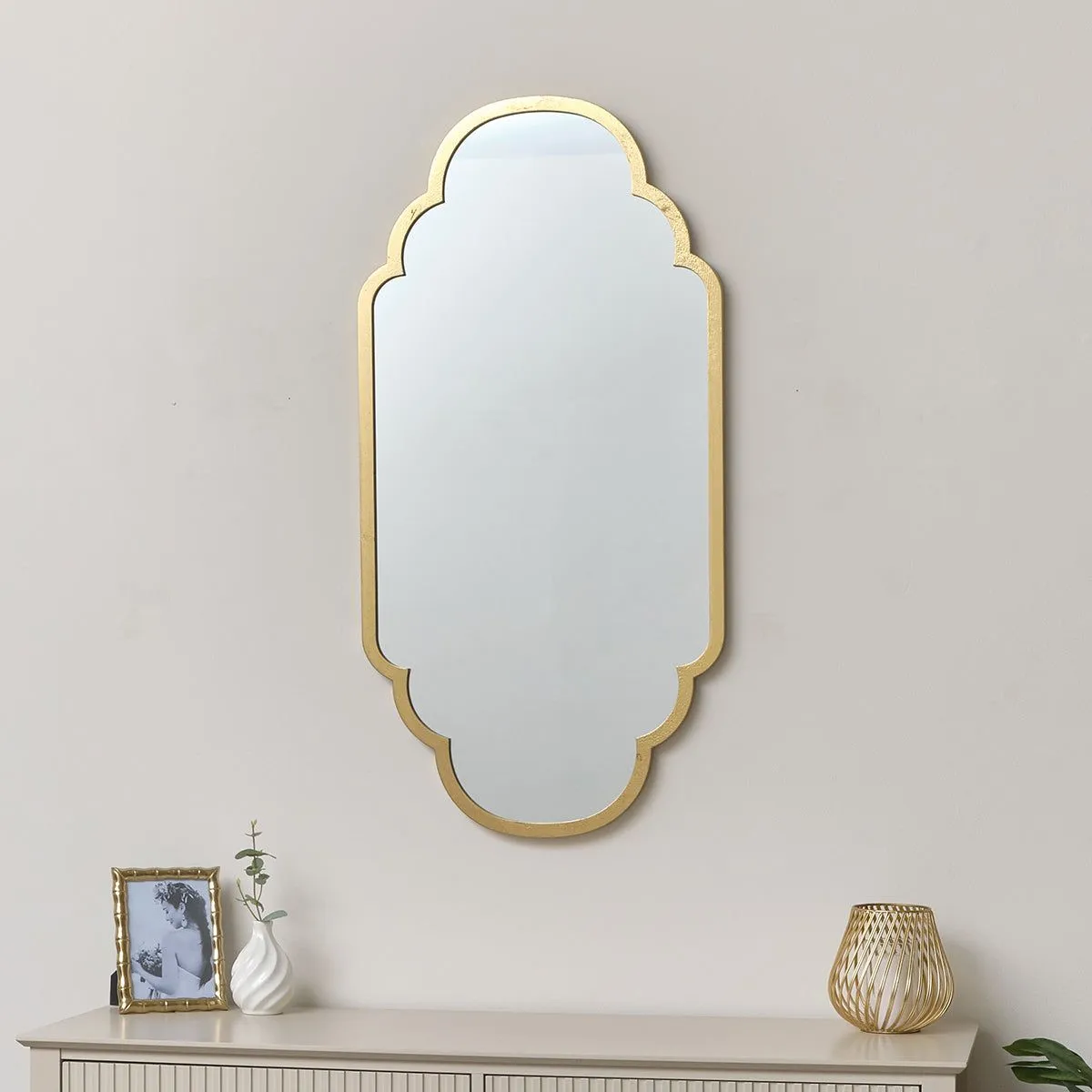 Melody Maison Gold Foiled Curved Scalloped Framed Wall Mirror 50cm X 100cm