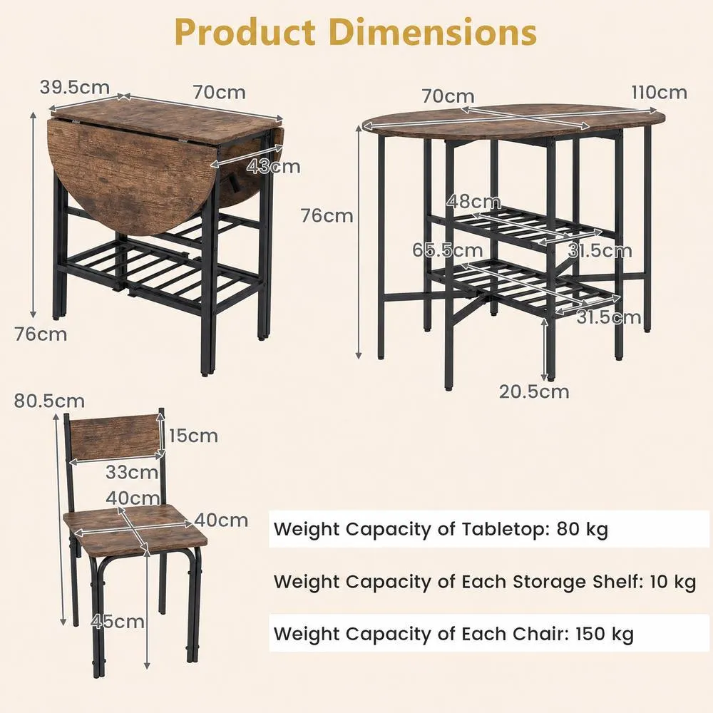 Costway 3 Piece Drop Leaf Dining Table Set w/ 2 Chairs Brown Kitchen Set 2