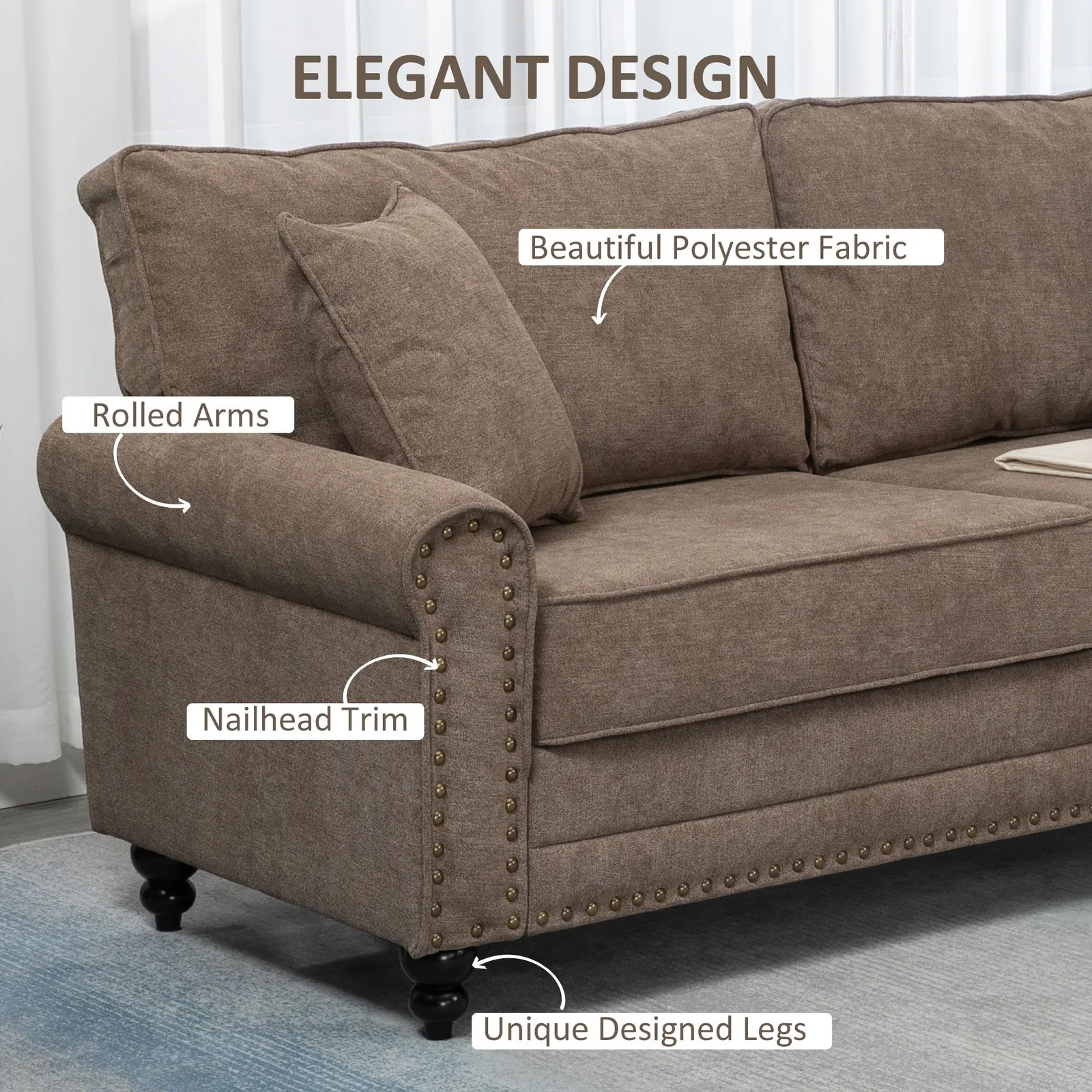 HOMCOM 3 Seater Sofas Fabric Sofa with Nailhead Trim Cushions & Throw Pillows in Brown 6