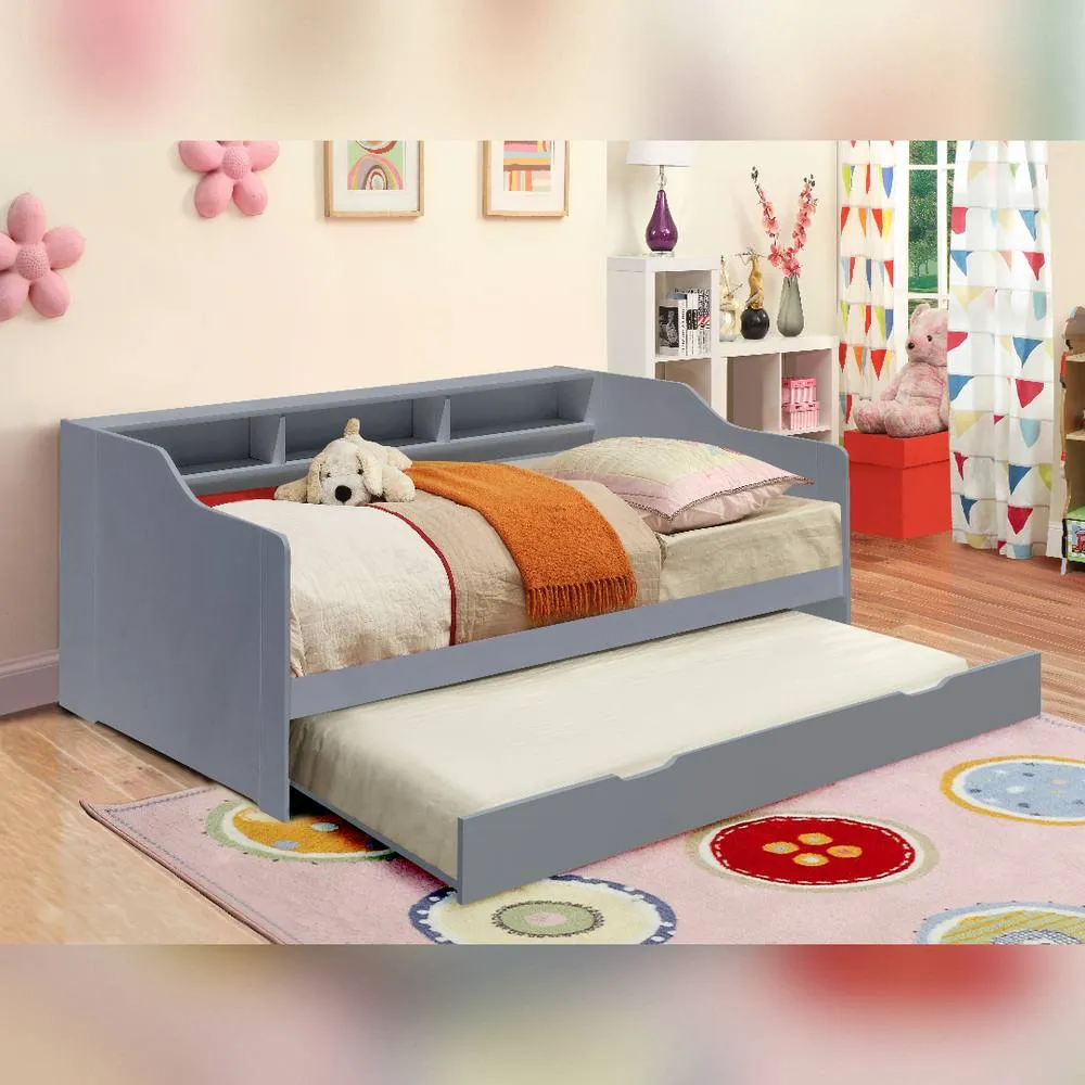 Comfy Living Ltd 3ft Wooden Bed With Shelving & Pull Out Trundle in Grey 1