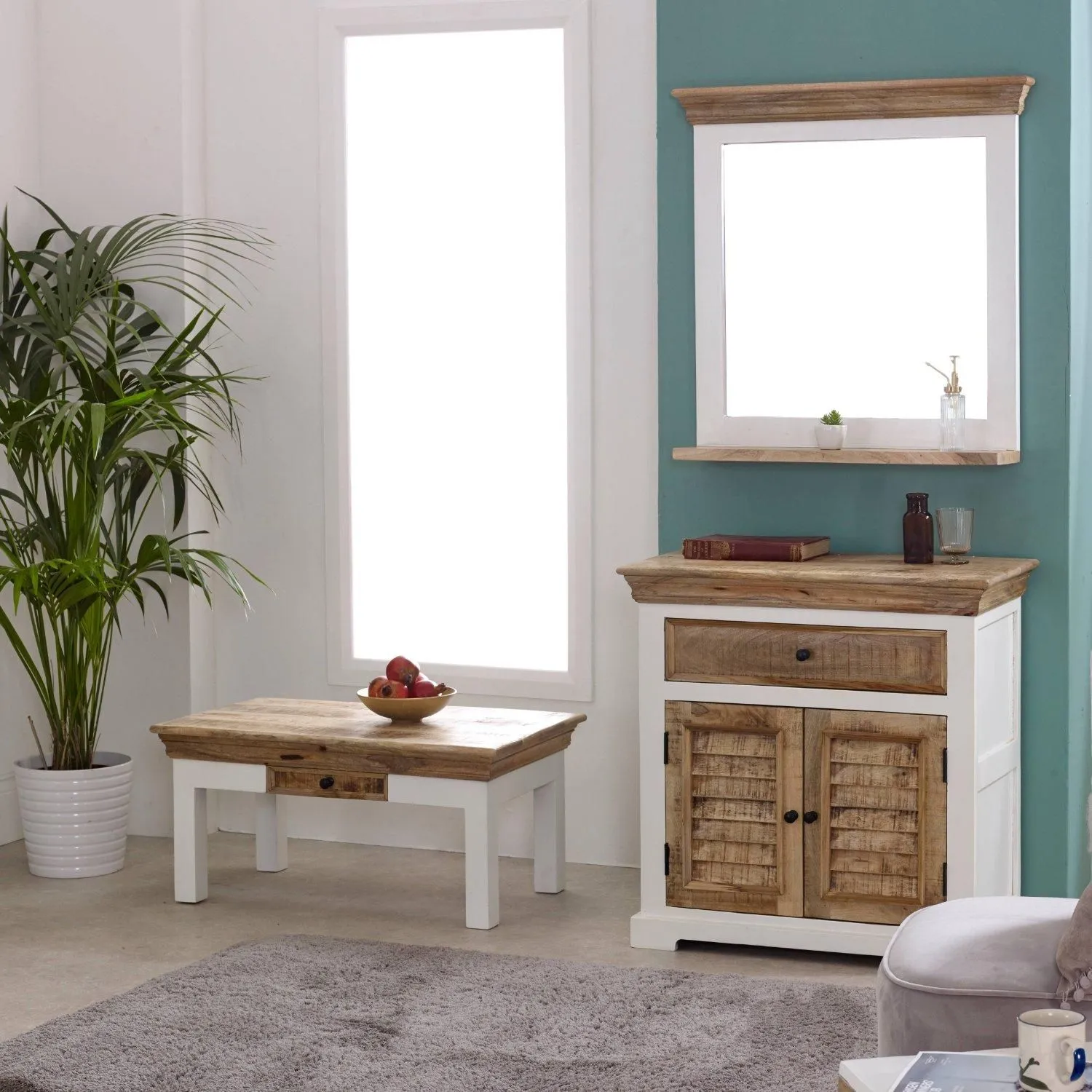 IH Design Curley Solid Mango Wood White Coffee Table With Drawer 4