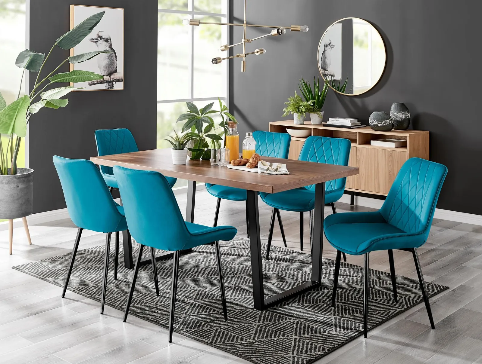 FurnitureboxUK Kylo Large Brown Wood Effect Dining Table & 6 Pesaro Velvet Black Leg Chairs in Blue 1