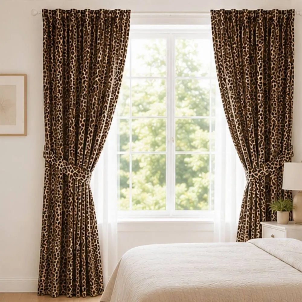 Smart Living Luxury Elegant Polycotton Lepord Print Curtains in Light Brown 2