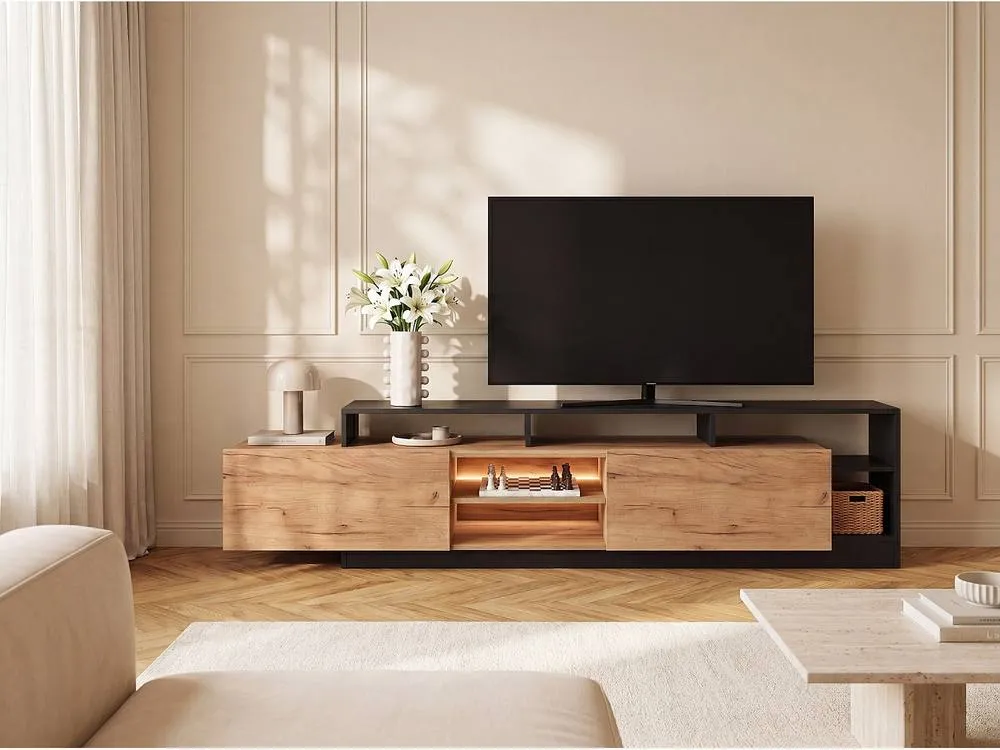 Vente-unique 2 - Door TV Unit With 6 Shelves & Leds - Light Naturalcolour and in Grey 3